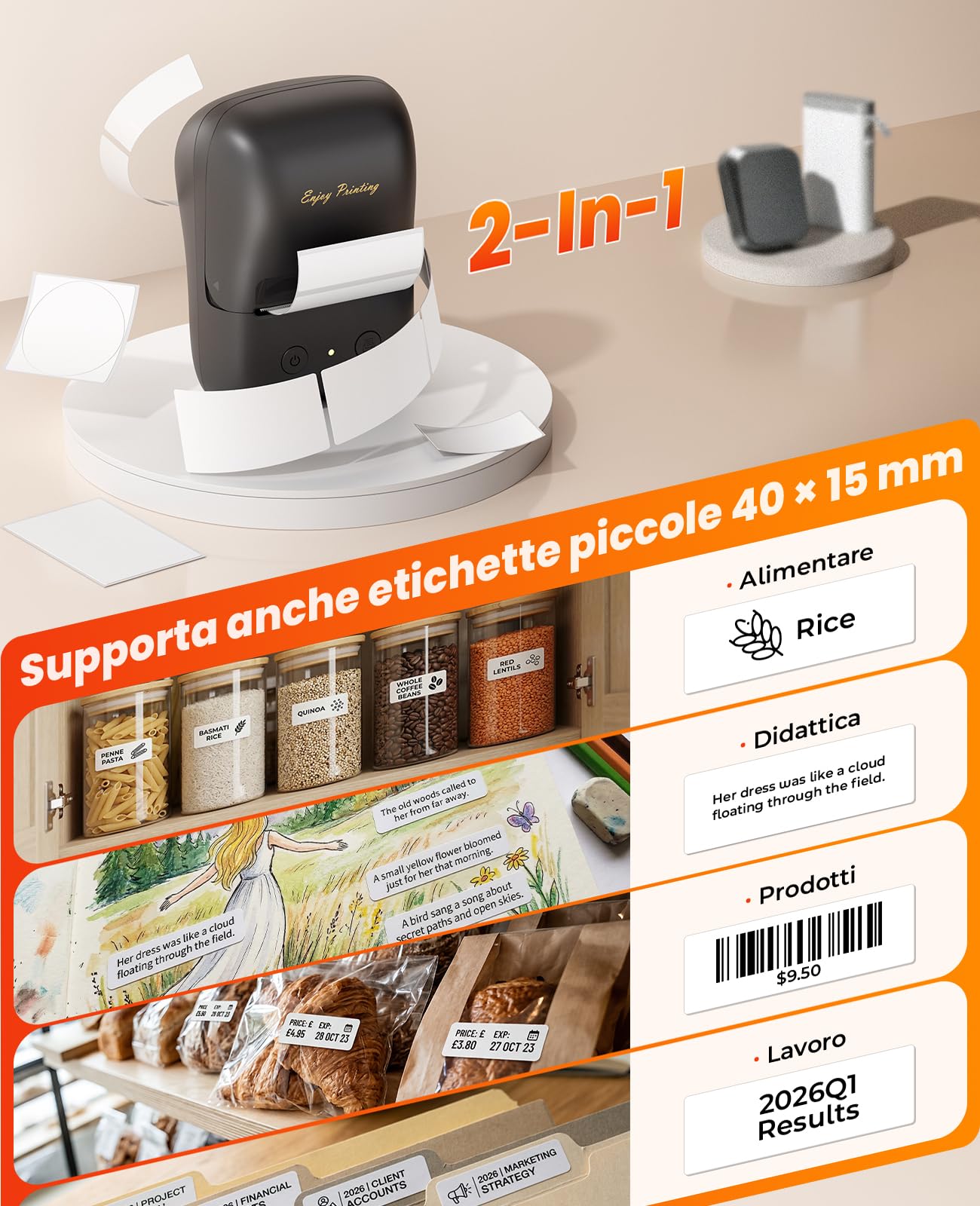 A421 Stampante Etichette Adesive da 40x15 a 50x80 mm, App Versatile con oltre 2000 Icone e 300 Caratteri, Etichettatrice Portatile Per Casa & Piccole Aziende, Bluetooth Compatibile con iOS & Android