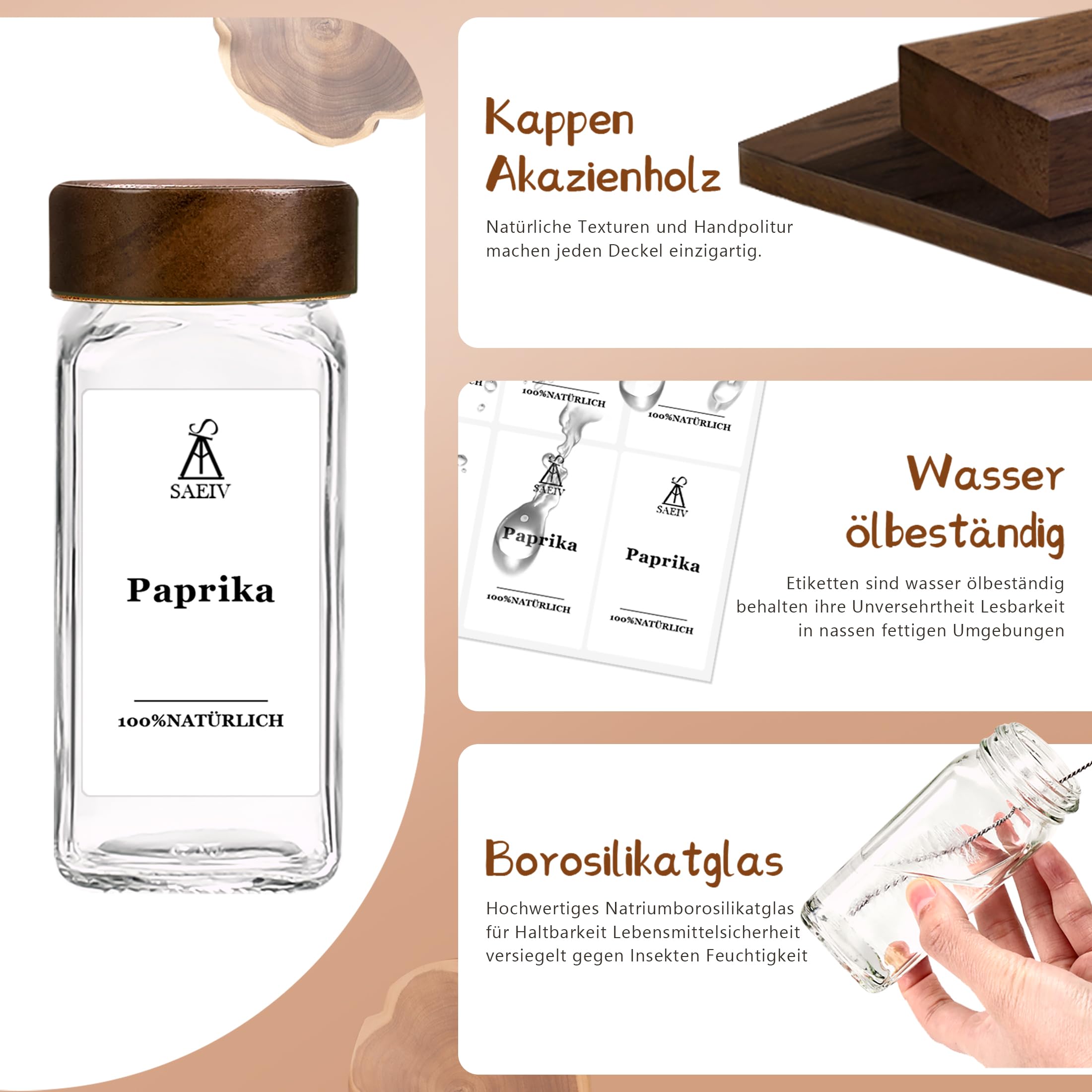 MRVNN Spice Jars 35 sztuk, kwadratowe słoiki na przyprawy z drewnianą pokrywką, 120 ml, zestaw pojemników na przyprawy z pokrywkami i etykietami, antypoślizgowe pojemniki na przyprawy