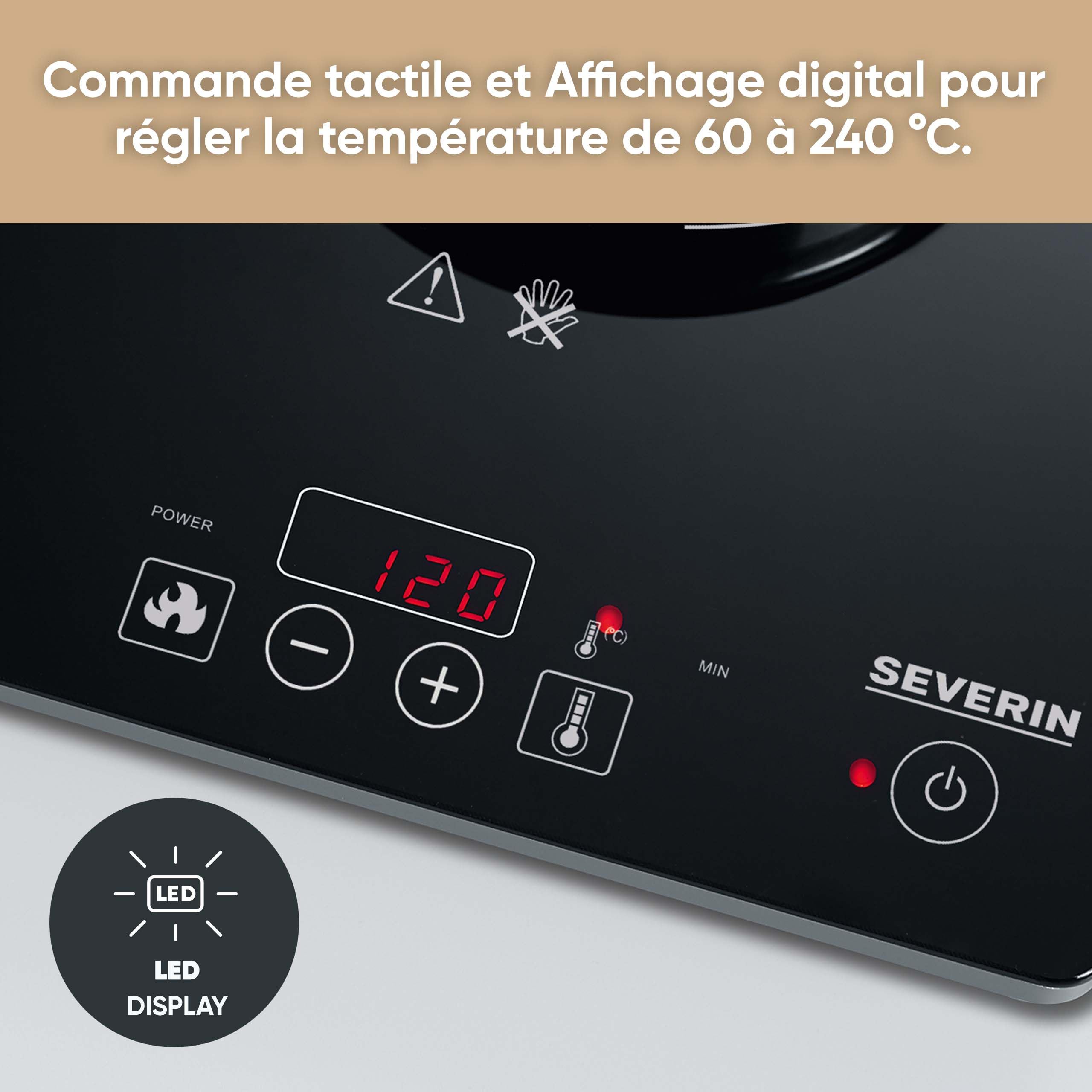 SEVERIN Plaque à induction 2 000 W, Plaque de cuisine simple pour une cuisson rapide des aliments, Plaque en revêtement vitrocéramique avec thermostat réglable jusqu’à 240°C, noir, KP 1071