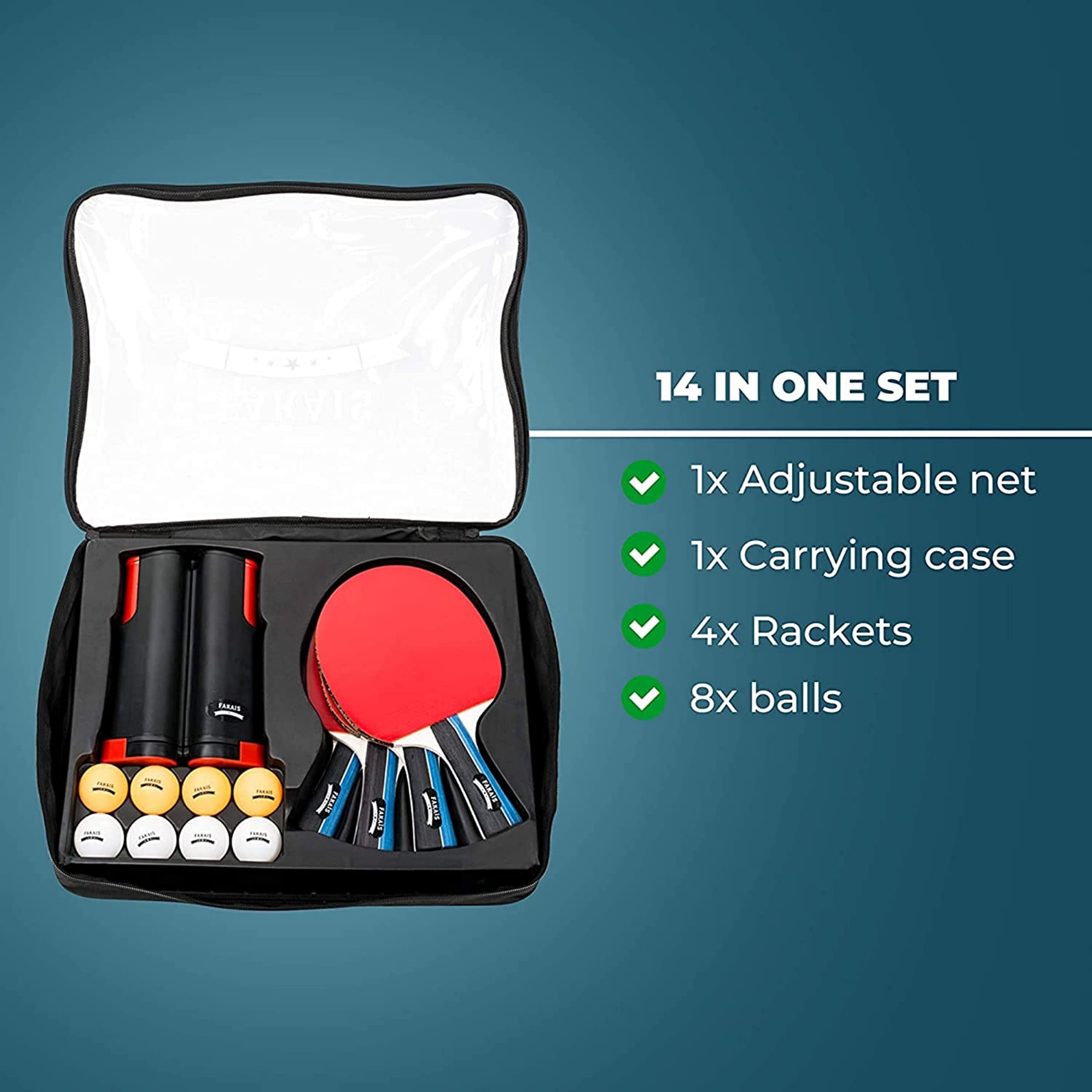 Tischtennisschläeger Set, 4 Schläger - Versenkbare Pingpong Netz- 8 Tischtennisbälle - gesicherte Aufbewahrungstasche - perfekt zum Spielen mit Familie, Freunden oder im Wettkampf.