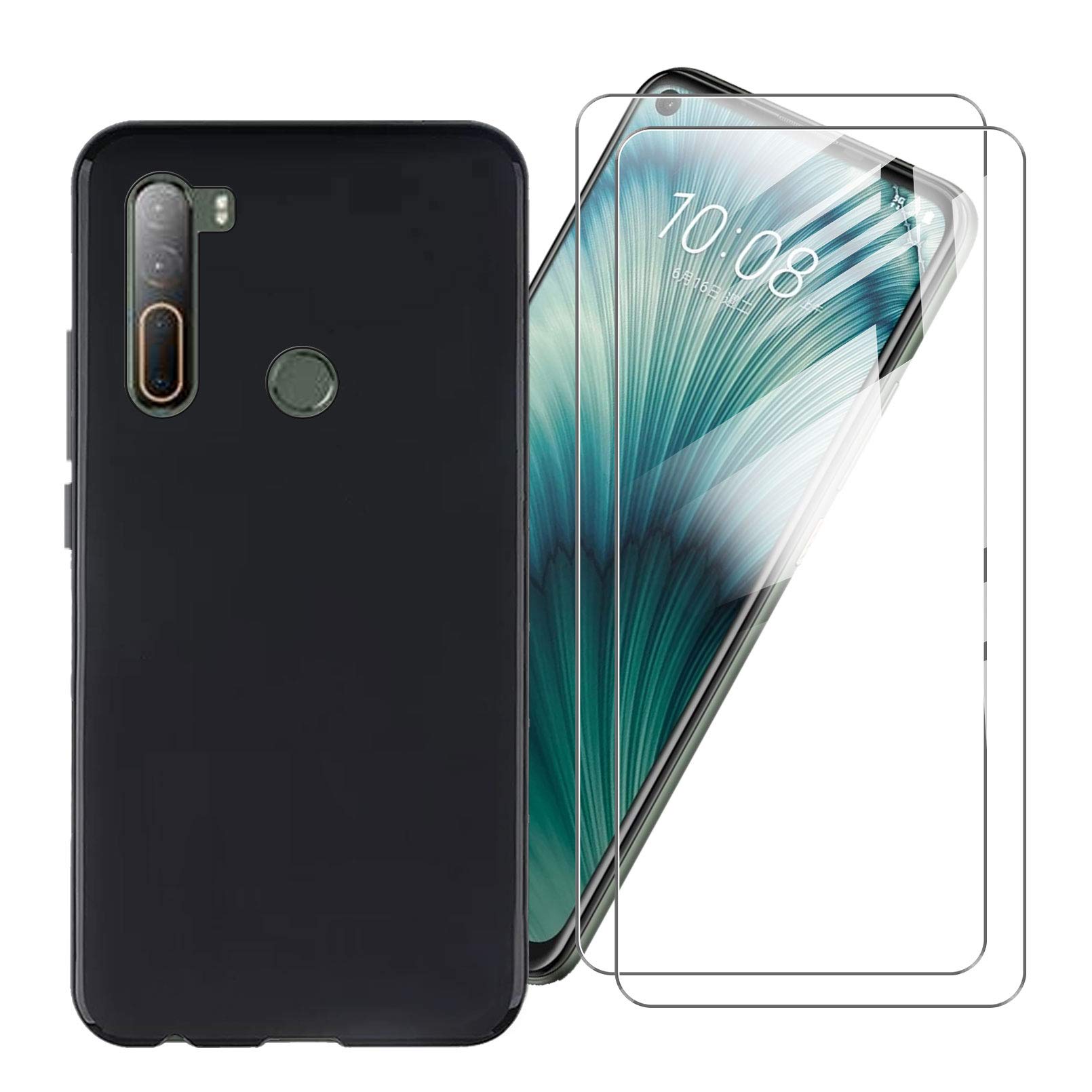 Case + 2 Screen Protector for HTC U20 5G (6.80"), Ultra-Thin Black Soft Silicone TPU Phone Case Bumper Shock-Absorption Cover with Tempered Glass Film [Full Protection Phone] - Black