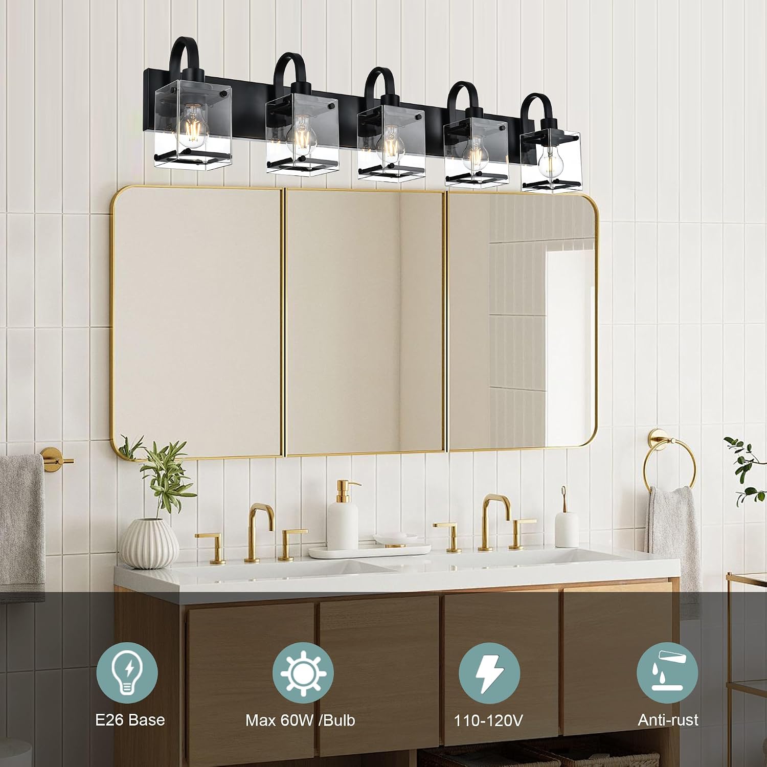 5-Light Black Bathroom Vanity Light, Modern Farmhouse Wall Fixture with Clear Glass Shades, Vintage Over Mirror Lighting for Bathroom, Bedroom & Hallway
