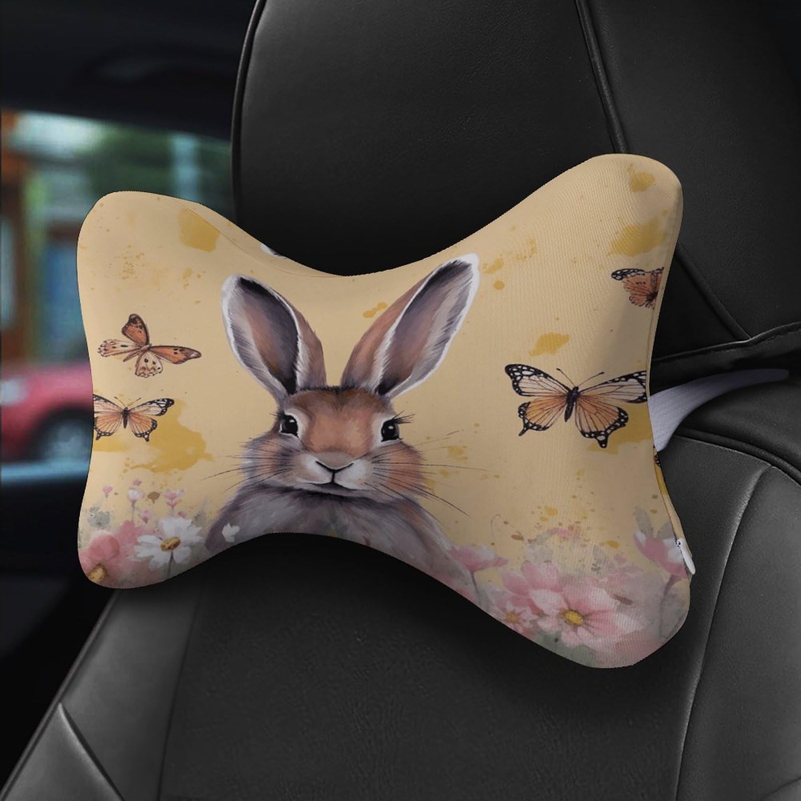 Lot de 2 coussins d'appui-tête de voiture en forme de lapin et de papillon avec housse amovible lavable pour voiture, bus, camion, confort de conduite