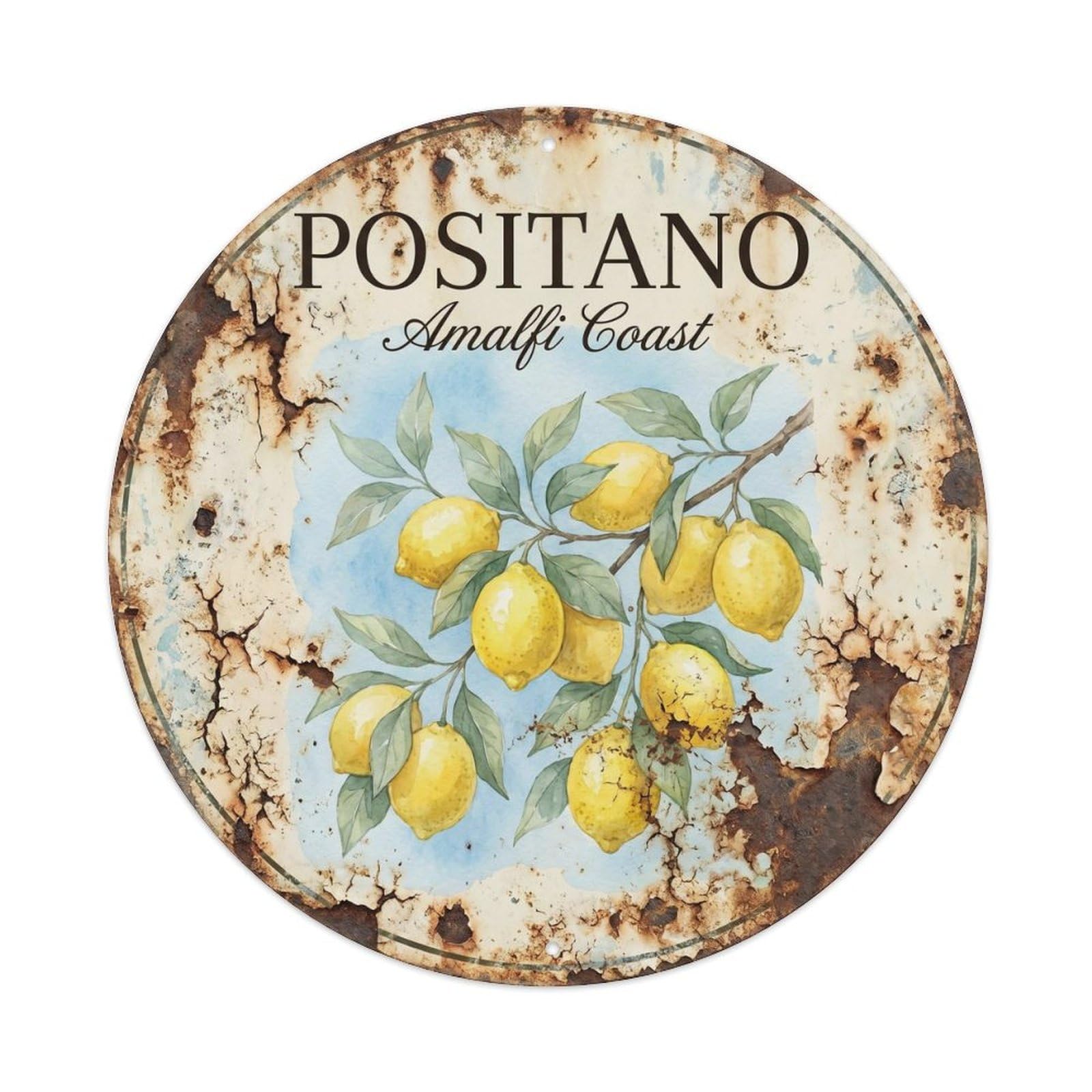 Vintage Travel Positano Italy Compass Metal Tin Sign Plaque Wall Decor for Cafe, Club, Garden Round Metal Poster 8x8Inch