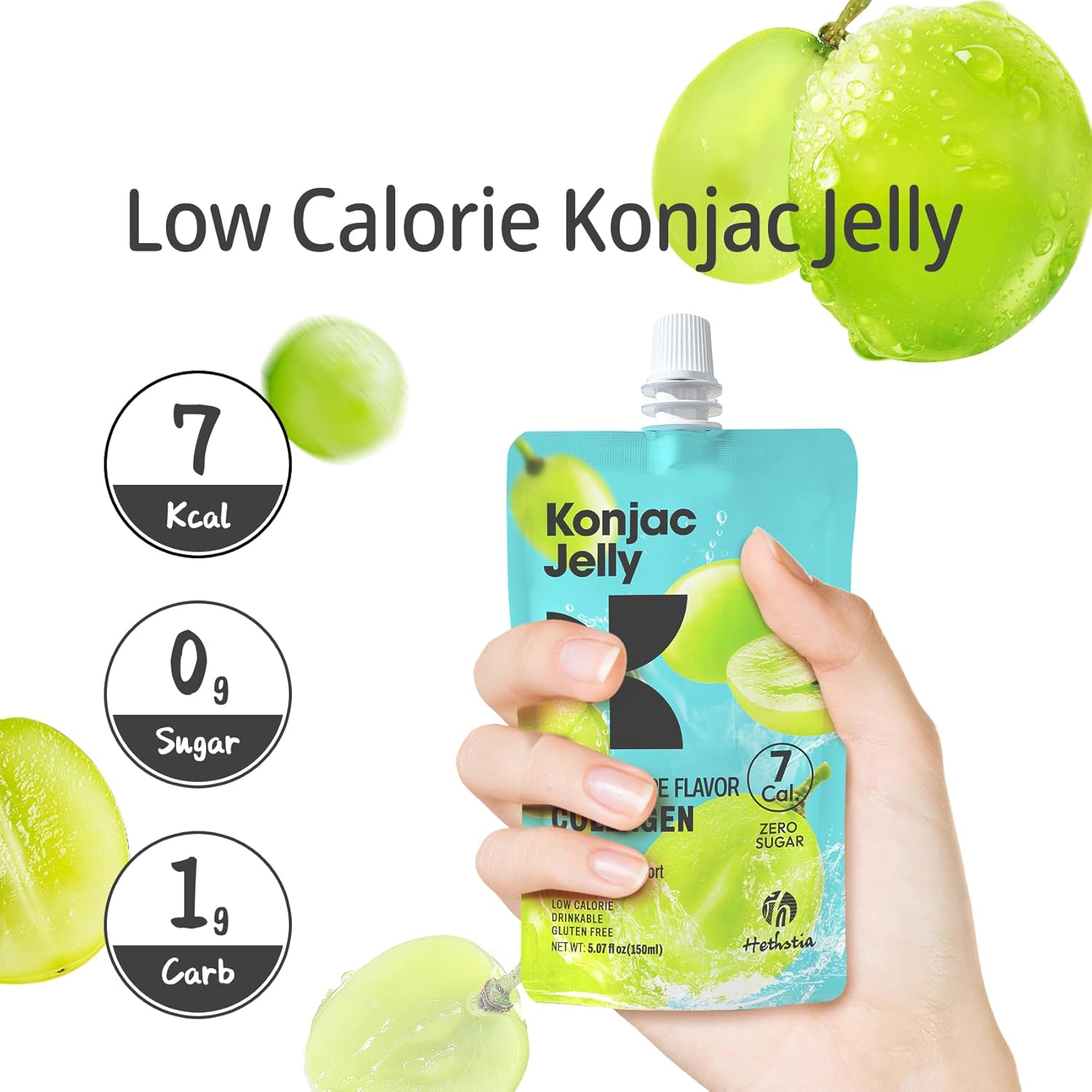 Hethstia Konjac Jelly Green Grape Flavor, 10 Pouches, Drinkable Grape Jelly with Collagen Peptides, 7 Kcal, Sugar Free, Gluten Free, Keto, Vegan, On-the-Go Chewy Light Snacks