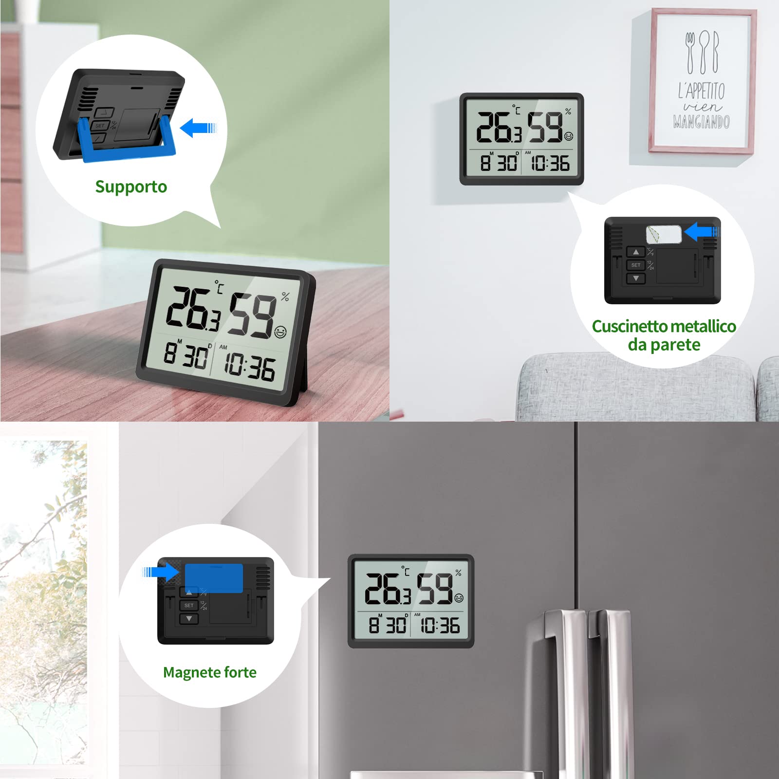 DOOMAY Termometro Digitale Igrometro per Interni: Piccolo e preciso misuratore di temperatura e umidità con grandi cifre LCD e ora data, igrometro ambientale calibrabile per la casa Garage (Nero)