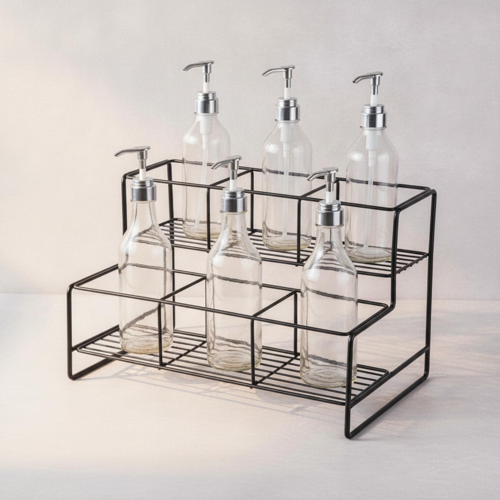 Amagogo Estante Exhibidor Botellas Jarabe con Diseño Escalera Doble para Mostrador Cocina con Acabado Pintura Horneada en Hierro Negro Acuado para Almacenar, Style to 2