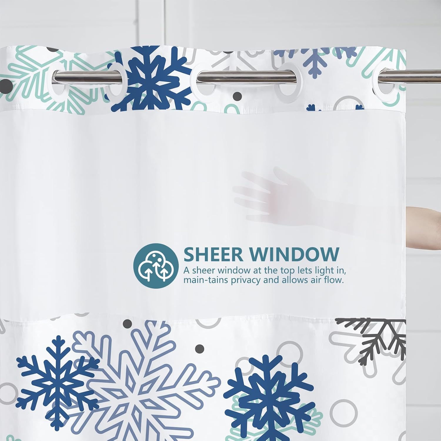 MEHOFOND No Hook Winter Snowflake Shower Curtain, Hookless Christmas Shower Curtain,Light Blue Xmas New Year Holiday Bathroom Bathtubs Decor with Snap in Liner, Waterproof Polyester Fabric 71X74in