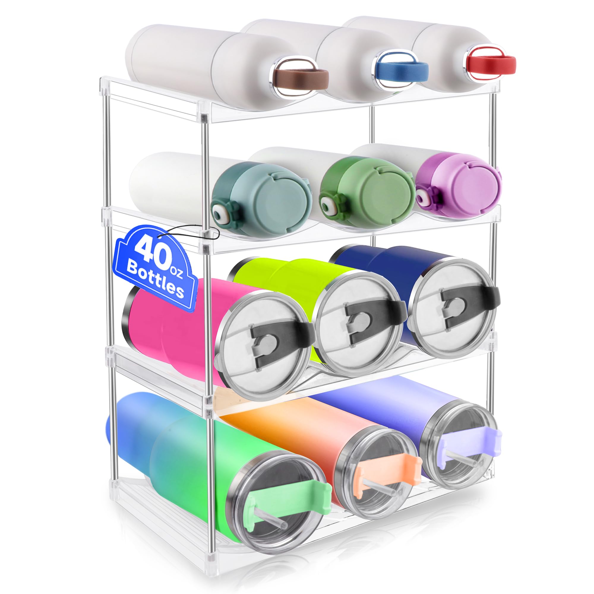 Stapelbares Flaschenregal 4 Schichten, Flaschenhalter für Küchenschrank Kühlschrank, Trinkflaschen Organizer für Cup 1.2L Flaschen Weinregal Organizer 