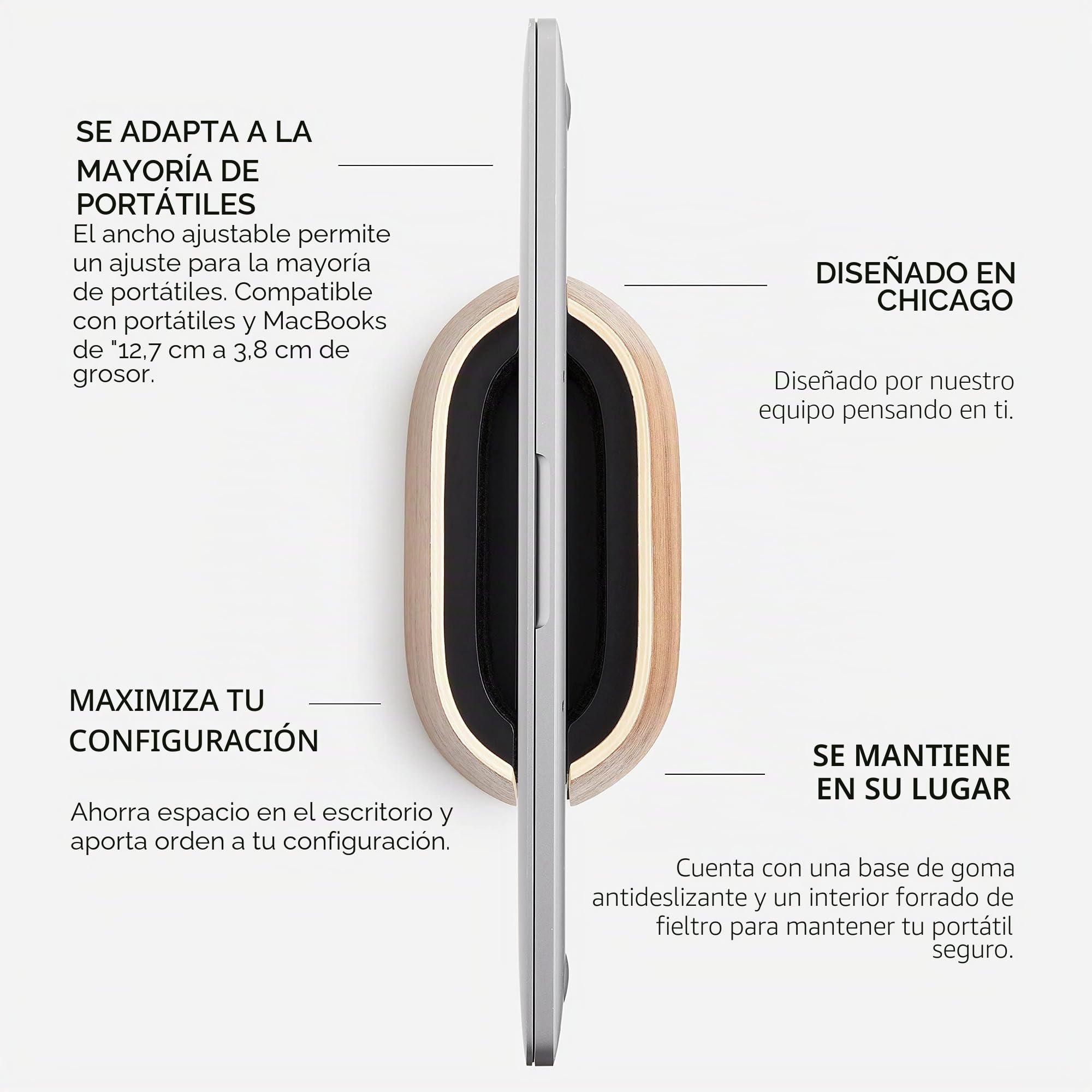 HumanCentric Soporte Vertical para Laptop – Soporte Ajustable y Muelle, Soporte Vertical para Laptop para MacBook Pro y Otros portátiles de 0.5 a 1.5 Pulgadas, Madera de Nogal Negro