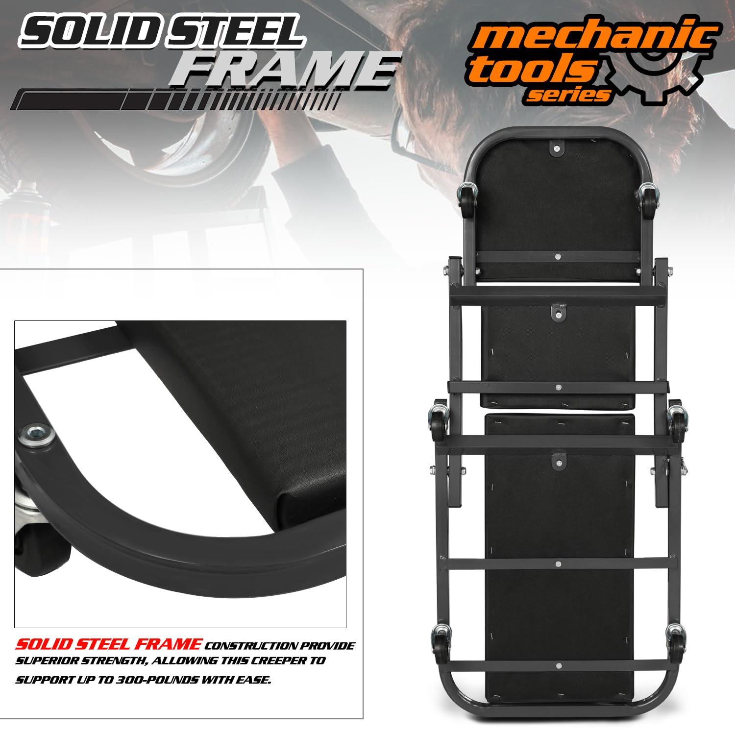 M-AUTO Asiento Plegable de 40 Pulgadas, Silla de Garaje Ajustable Todo en uno, tumbarse o Sentarse, Capacidad de 330 Libras Debajo del Auto con 6 Ruedas giratorias, Color Negro