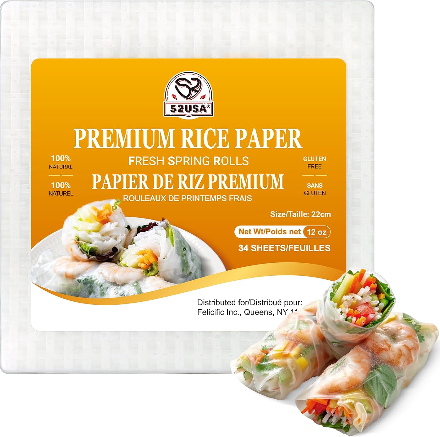 52USA Square Rice Paper, White Rice Paper Wraps, Non-GMO Certified, Gluten-Free, Perfect for Fresh Spring Rolls & Dumplings, 1 Pack, 340 Grams Each | 34 Sheets, Gluten Free, Wonton Wrappers, Vegan, Low Carb, Vietnamese Rice Wraps (22cm, 12 oz)