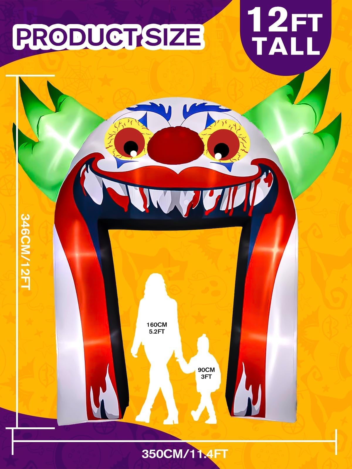 Kalolary 12FT Halloween Nadmuchiwane Łuki Klauna Dekoracje Zewnętrzne, Gigantyczny Łuk Klauna Nadmuchiwane Dekoracje Straszne Nadmuchiwane z Wbudowanymi Światłami do Dekoracji Ogrodu Ogrodowego