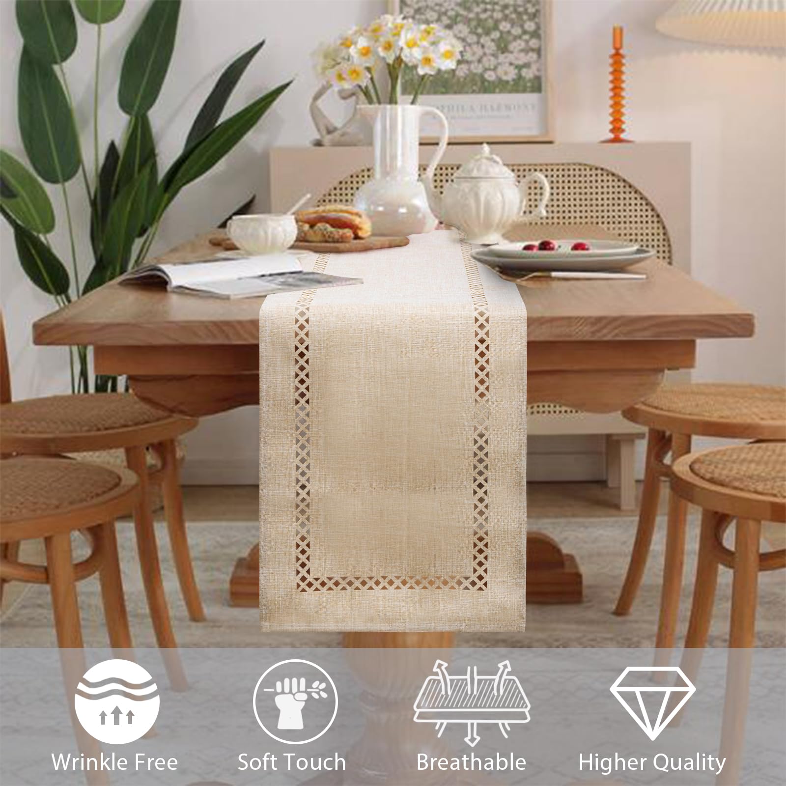 BAZIOE Modern Table Runner Beige Linen Table Runner Washable Openwork Design Ideal for Holiday Party Decoration Dining Table - Image 4
