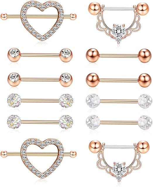 LOLIAS 12Pcs Stainless Steel Nipple Piercing Tongue Rings for Women Girls CZ Bars Nipplerings Heart-Shape Barbell Body Helix Piercing Jewelry 14G Silver/Rose Gold