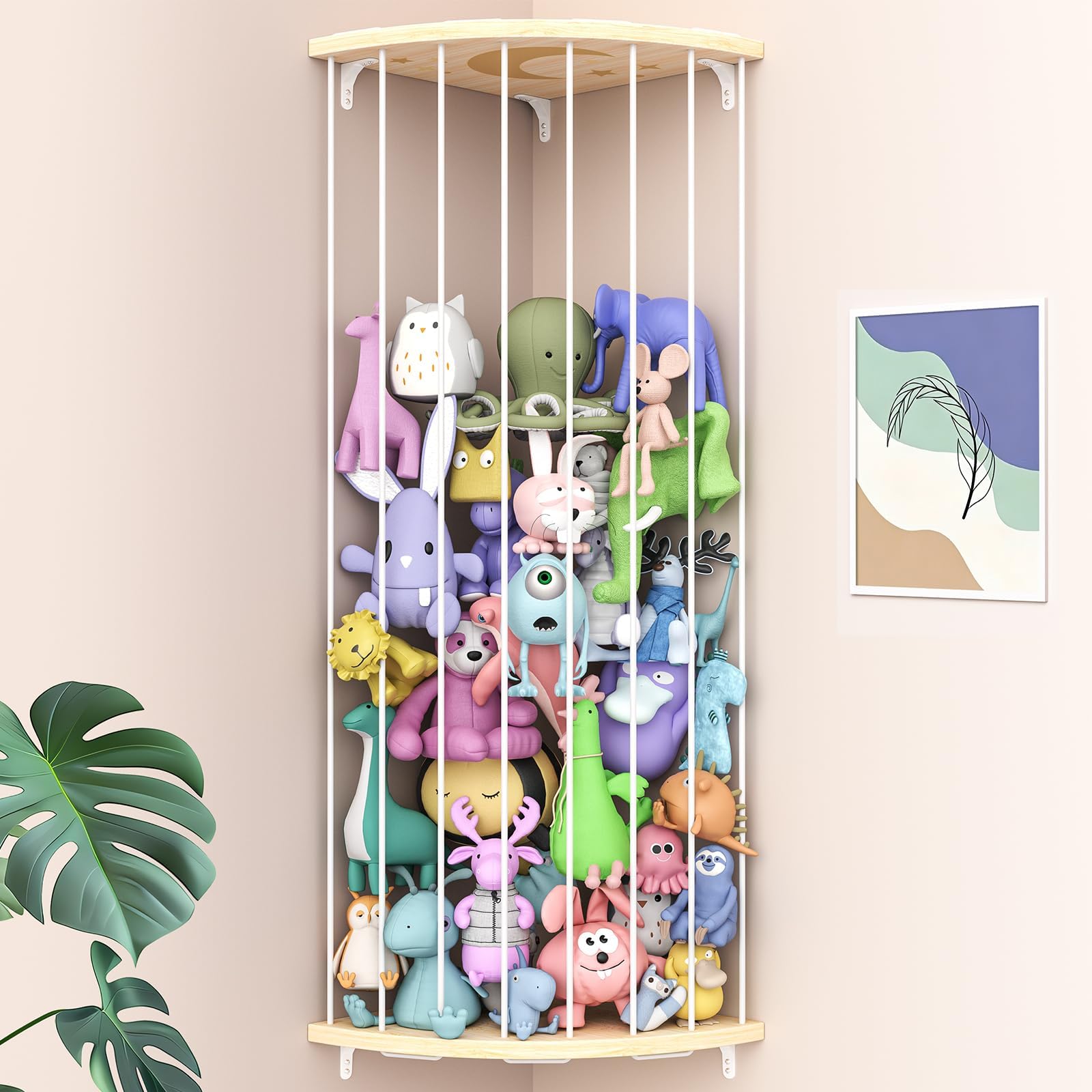 Corner Stuffed Animal Storage Zoo, Large Adjustable Solid Wood Plush Toy Organizer, Hanging Stuffie Holder Shelf & Cage with Engraved Dinosaur Star Moon for Kids Nursery Playroom