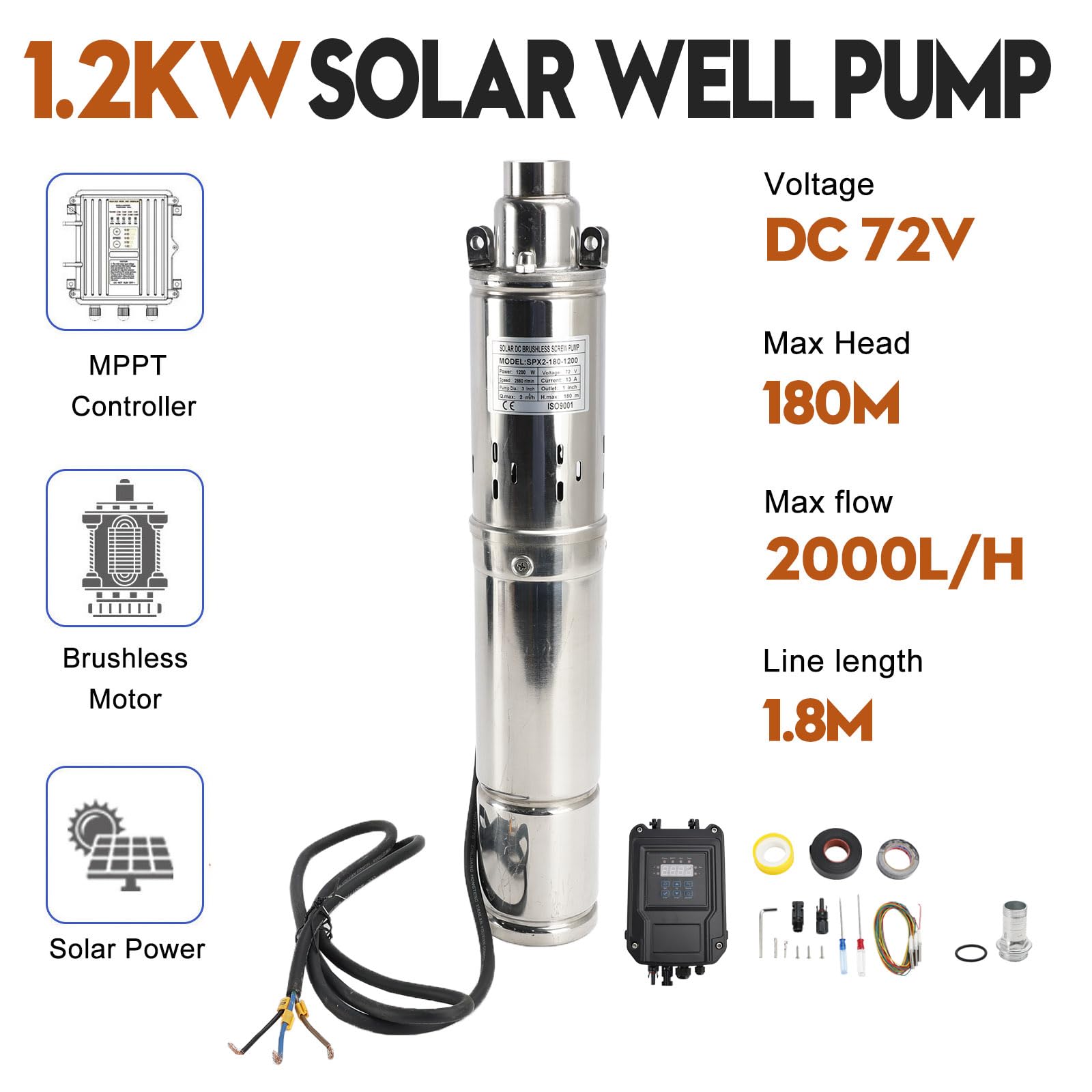 Topteng 3" 72V 1.2KW Deep Well Solar Submersible Bore Hole Water Pump, 180M Head, 2000L/H Flow, Brushless DC Motor, MPPT Controller, Stainless Steel Body, Apto para Solar Panels 6X 200-300W