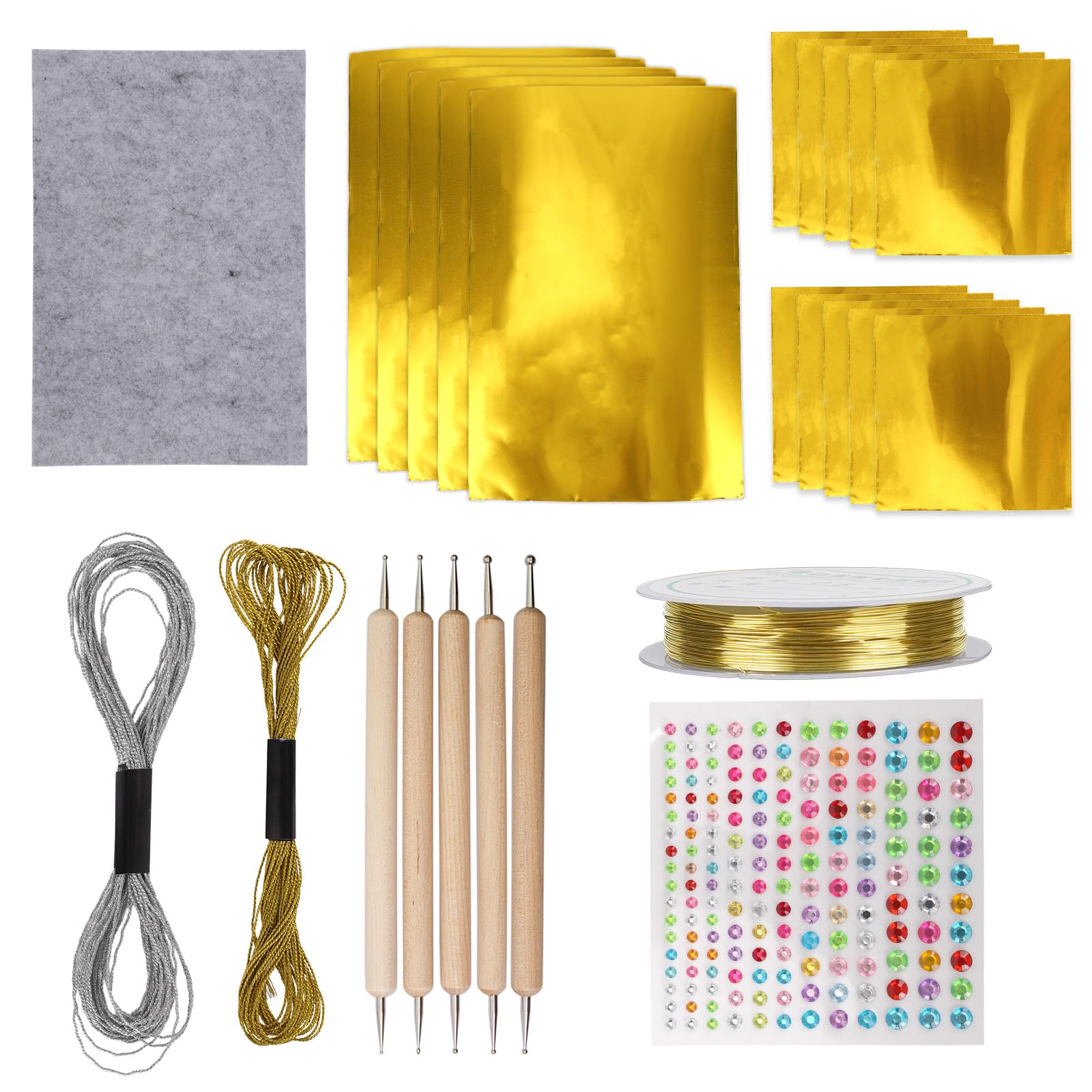 Gold Metal Foil Craft Set, Includes 15 Gold Leaf Sheets 2 Embroidery Threads 1 Non-Woven Fabric 5 Engraving Pens 1 Diamond Sticker 1 Roll Copper Wire Suitable for Engraving Embossing Art Project