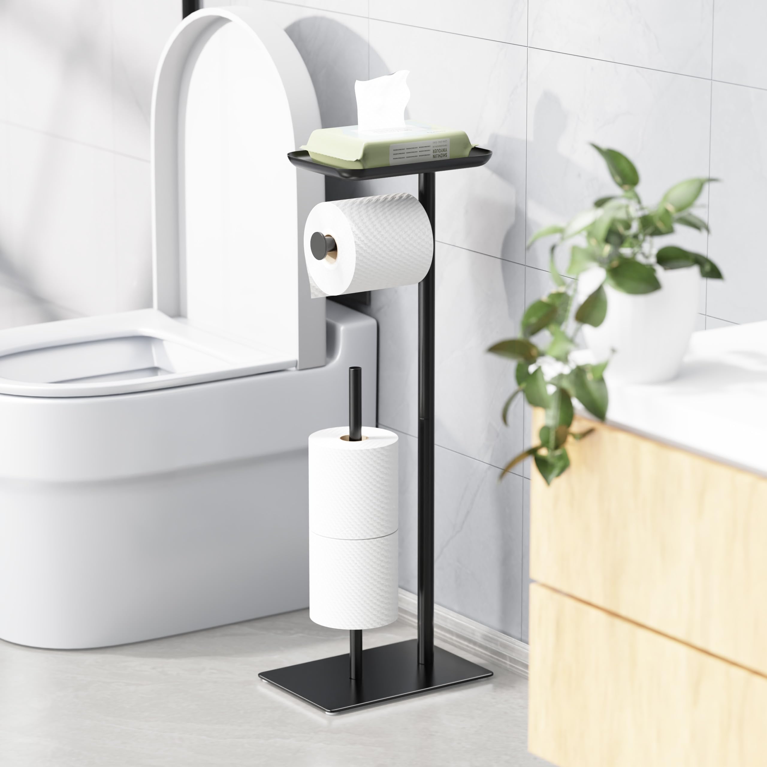 Soporte de papel higiénico con estante de almacenamiento superior, dispensador de rollos de papel higiénico para baño, capacidad para 4 rollos de reserva