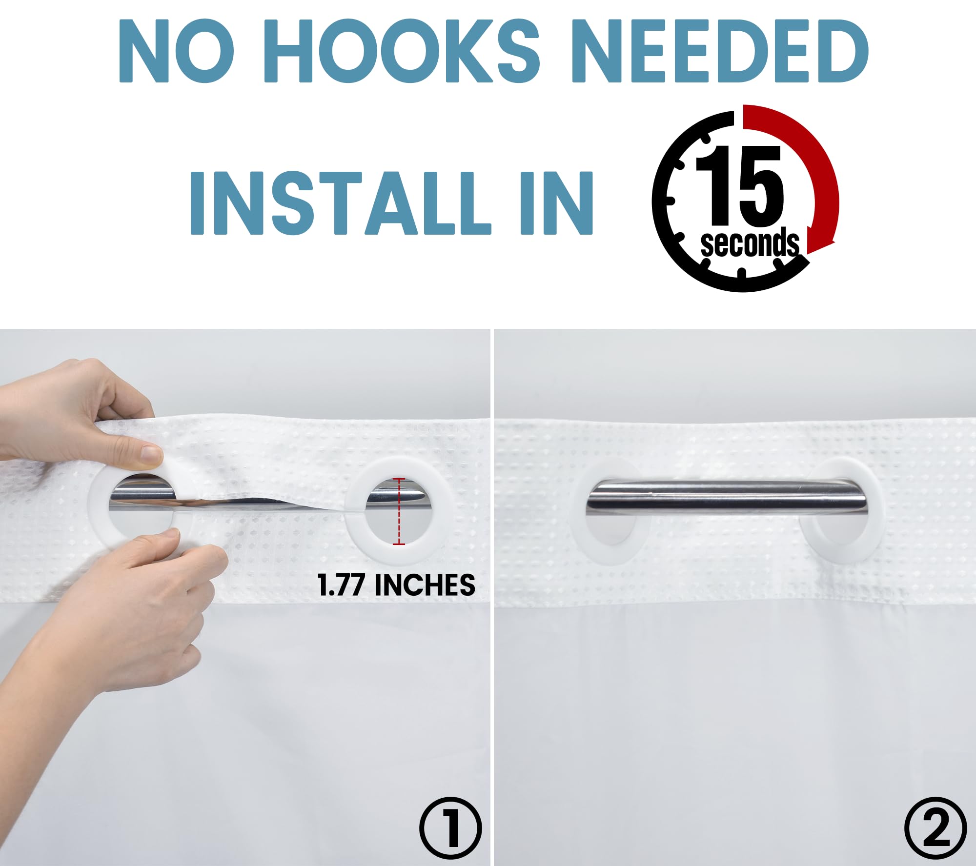 EUTXL Tenda da doccia senza gancio con fodera a scatto, 230 g/m², tessuto a nido d'ape per bagno, 91 x 188 cm, bianco