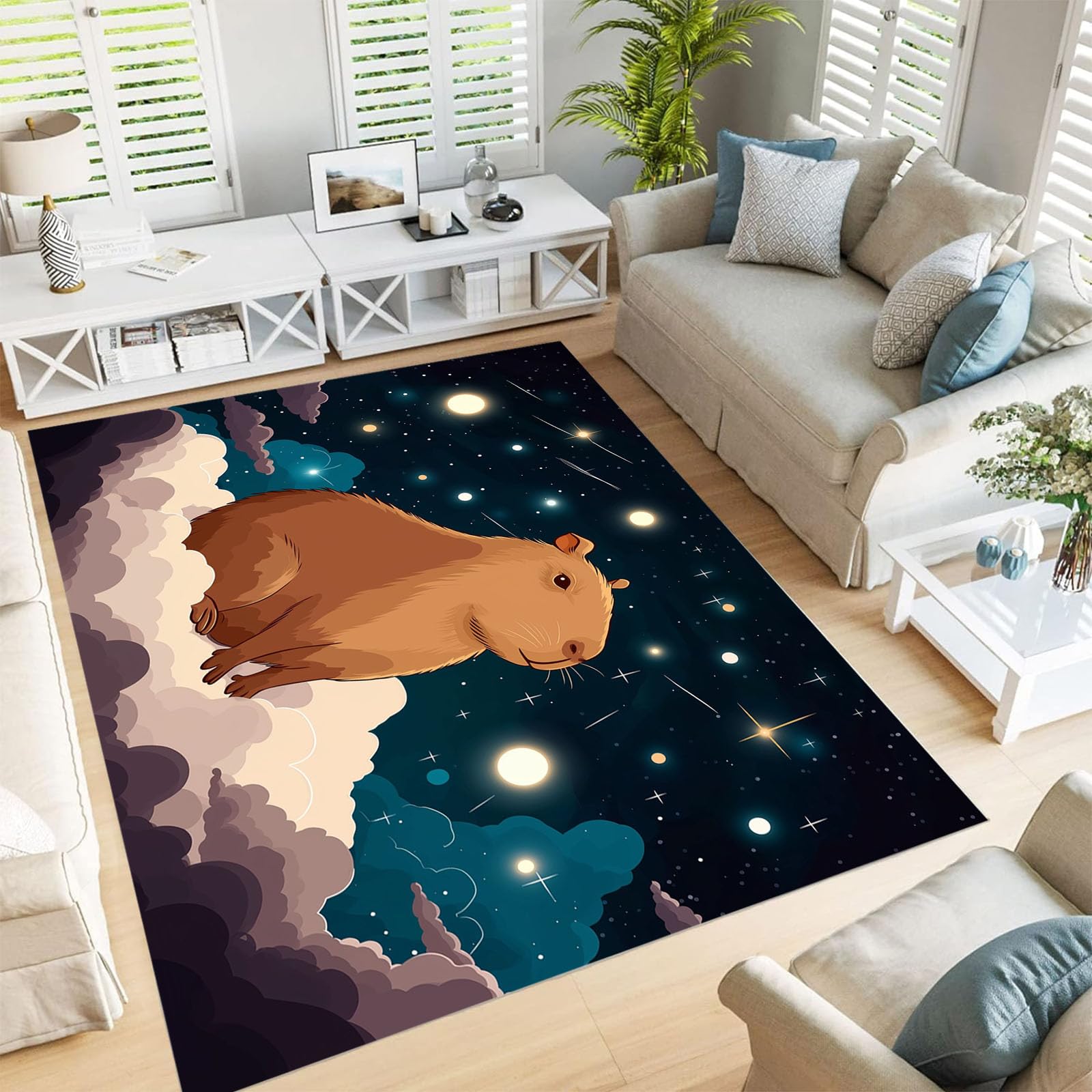 Tapis Capybara pour salon et chambre ado motif espace bleu cobalt
