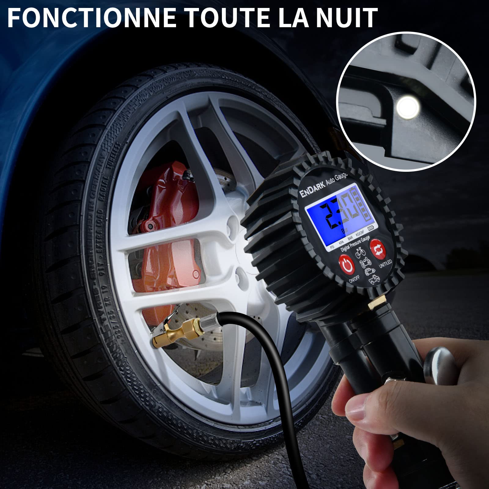 ENDARK Manometre Pression Pneu Gonfleur Pneu - Manomètre Compresseur Numérique Testeur Pression Pneu & Accessoire Compresseur à Air Pistolet de Gonflage pour Voiture | Moto | Vélos