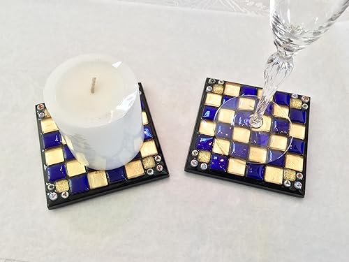 Miniatura 5 de Christmas Mosaic Tile Coasters, Sapphire Blue and Gold Glass Tiles, Millefiori & Glitter Tile Accents, Many Uses, Candles or Barware