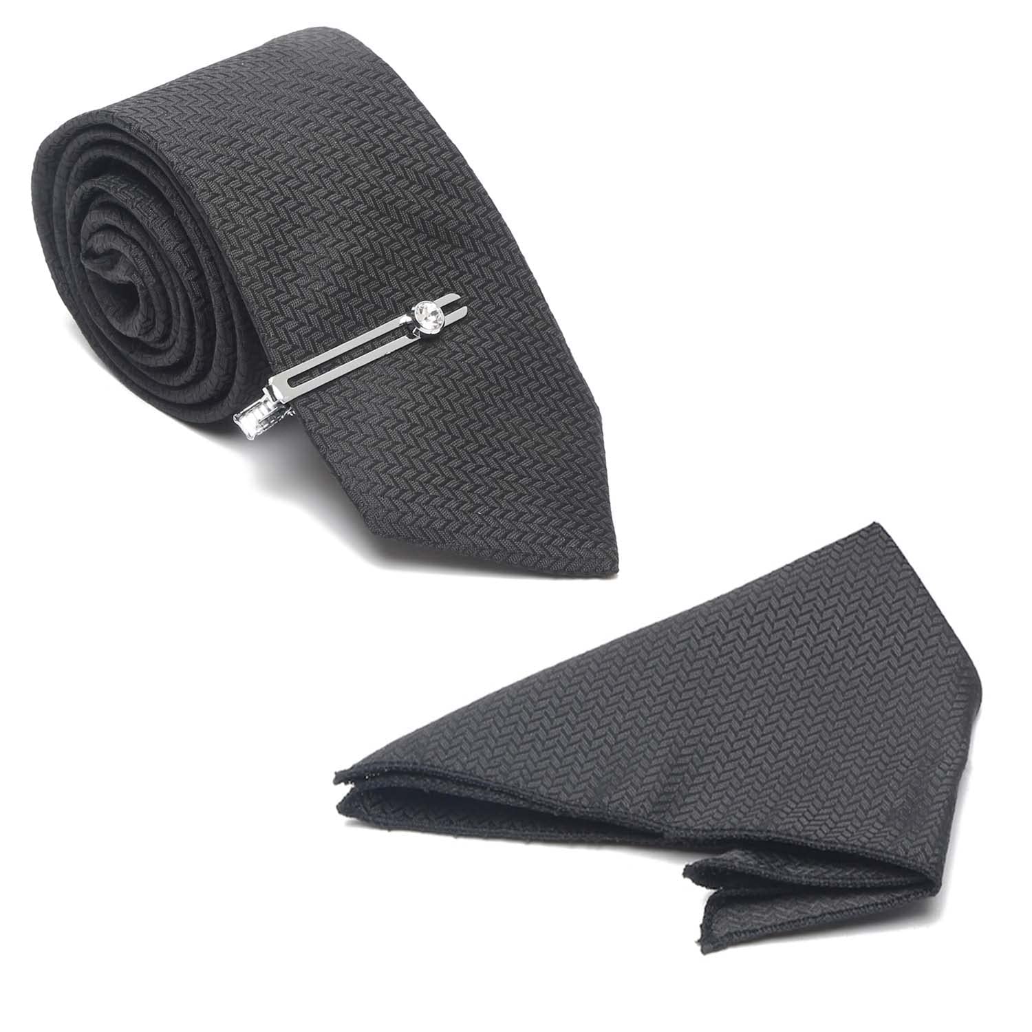 mutaqinoti Mens Checkered Black Woven Premium Silk Necktie Suit Accessories Set With Pocket Square And Chrome Tie Pin (CPBL04)-picture-28