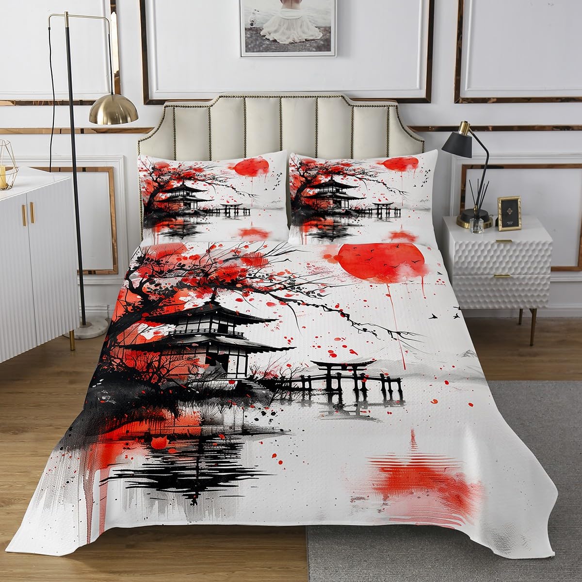 jejeloiu Japanese Anime Bedspread Twin Size Kids Japan Cherry Blossom Floral Coverlet Set for Boys Girls Abstract Art Quilted Coverlet Soft Lightweight Microfiber Room Decor