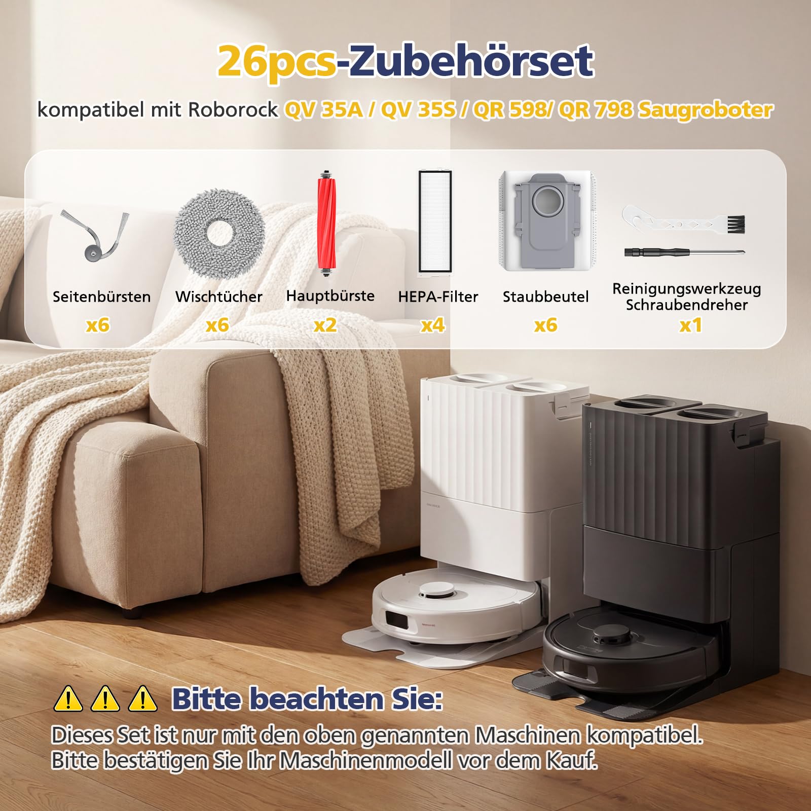 26 sztuk akcesoriów QV 35A do odkurzaczy robotów Roborock QV 35A/QV 35S / QR598 / QR798, 2 główne szczotki, 6 nakładek do nacierania, 6 worków na kurz, 4 filtry HEPA, 6 szczotek bocznych, 1 szczotka