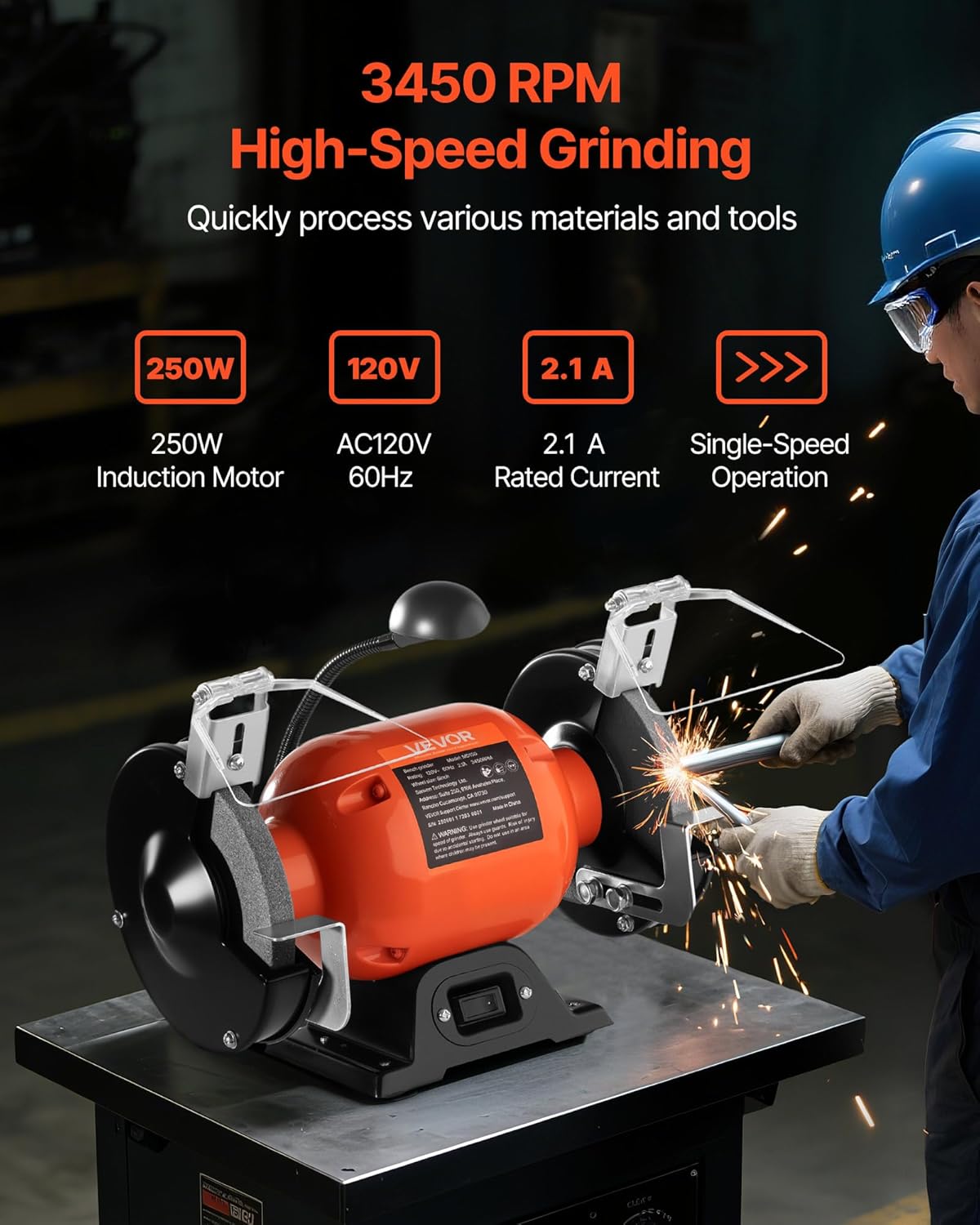 VEVOR Bench Grinder, 6-inch Single Speed Bench Grinder, 3450RPM High-Speed Table Grinders with 250W 2.1A 1/3Hp Induction Motor, 36/60-Grit Grinding Wheels & LED Work Light for Fast Sharpening Grinding