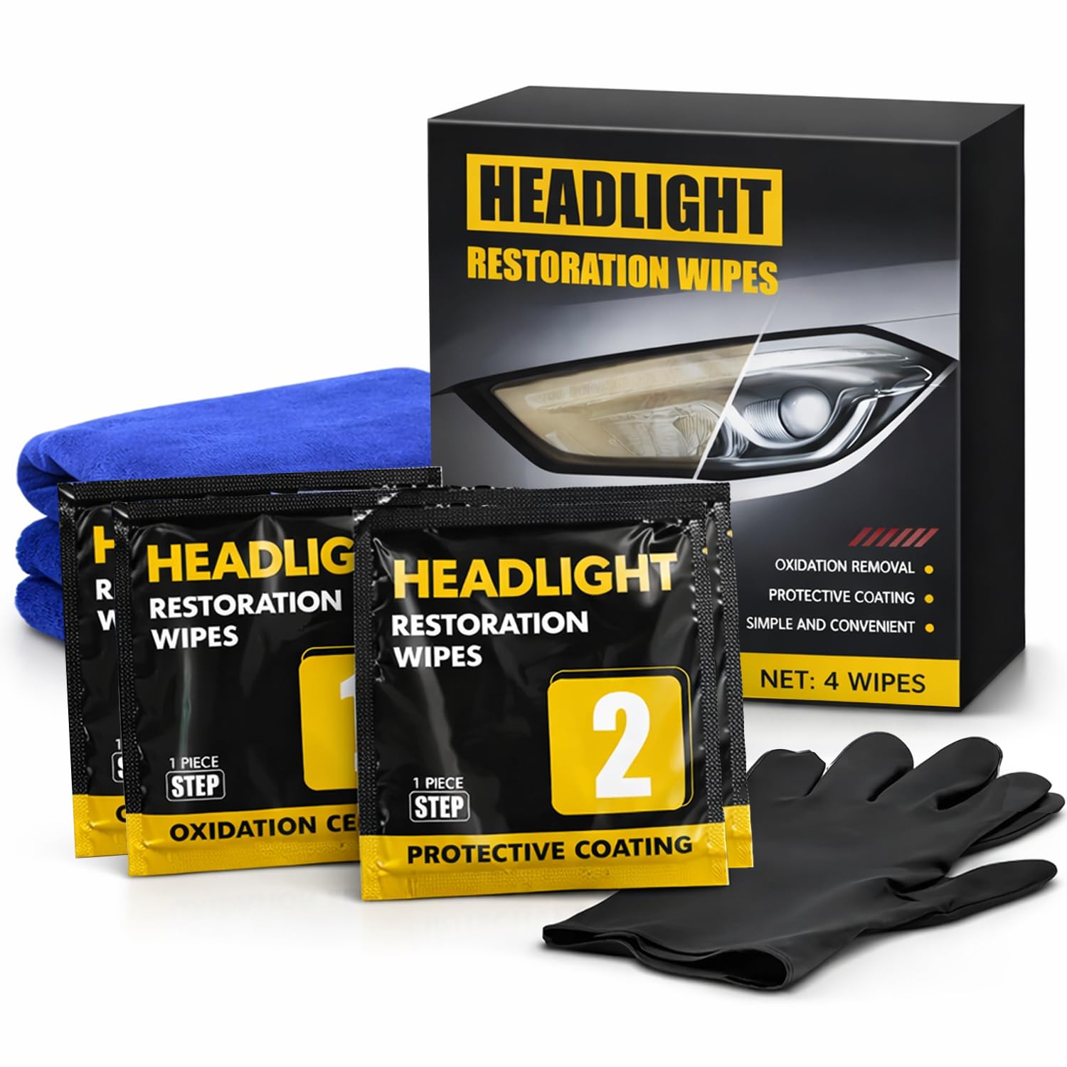 Headlight Restoration Kit, 2-Step Headlight Cleaner & Protective Coating Wipes, Removes Oxidation & Restores Clarity, Long-Lasting UV Protection, No Power Tools Required