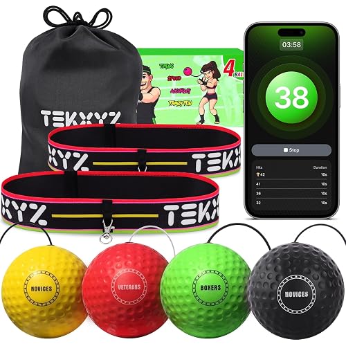 TEKXYZ Boxing Family Pack – 2 Adjustable Headbands + 2 Novice Balls + 1 Veteran Ball + 1 Boxer Ball and More