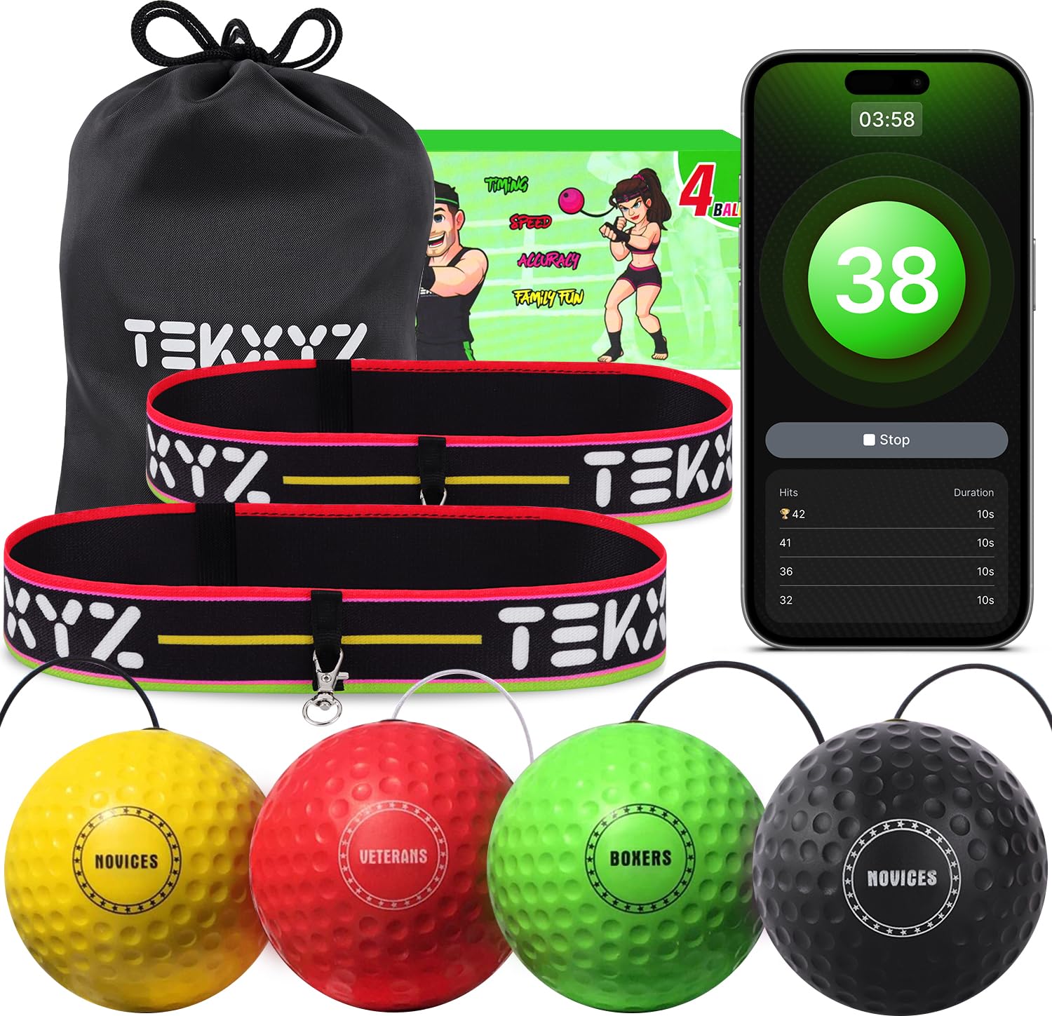 TEKXYZ® Reflex Ball Family Pack with Counter App | Online Community for Boxing Ball, Ideal for Coordination, Punching, Stress Relief, Home Workouts & Fitness | Stocking Stuffer Gift for All Ages