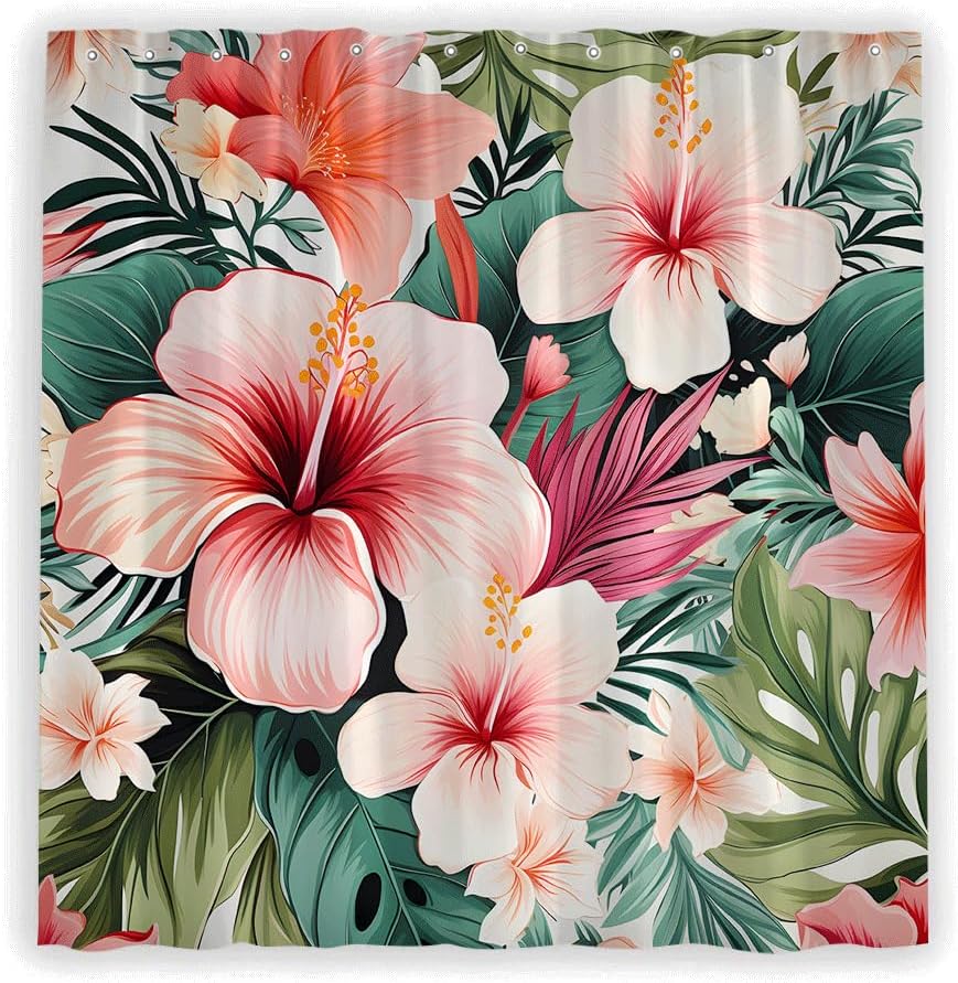 Pink Tropical Flowers Shower Curtain Jungle Rainforest Blooming Hibiscus Orchid Floral Hawaii Green Palm Leaf Banana Leaves Plants Botanical Nature Girls Polyester Fabric Bathroom Curtain with Hooks