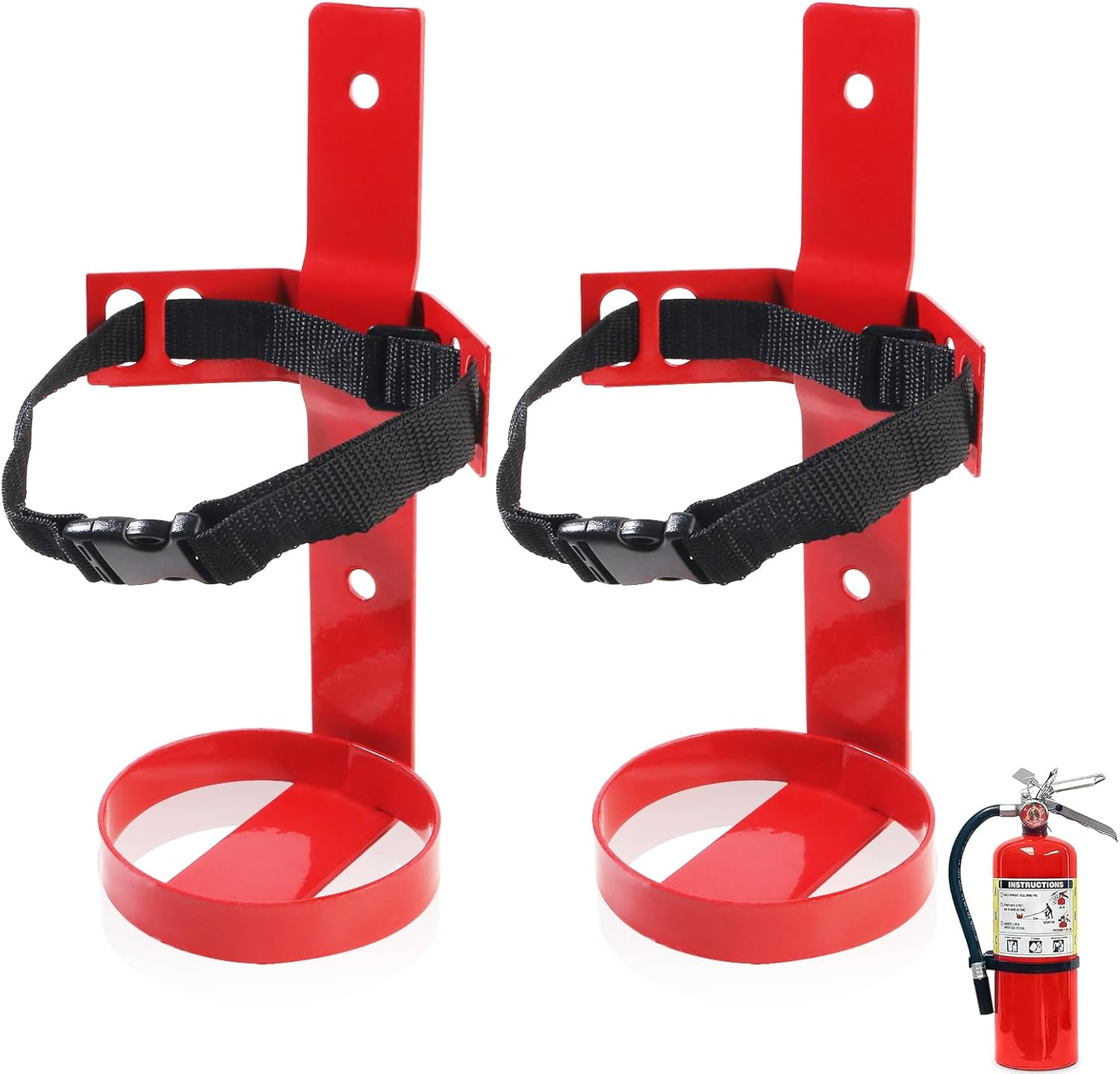 Fire Extinguisher Mount, 2.5LB Fire Extinguisher Bracket Wall Hanging Holder with Adjustable Straps for Home, Office, Garage (Red 2Pcs)