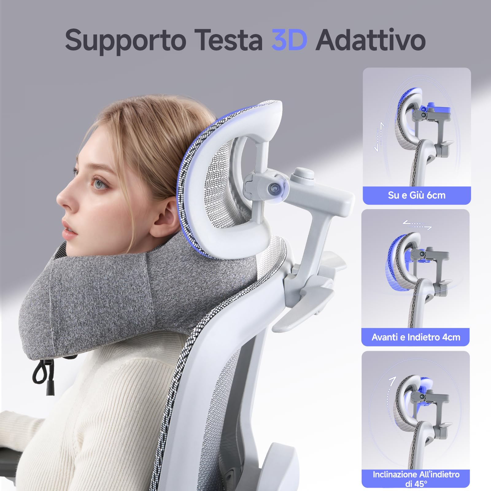 LarkLeaves Sedia Ufficio Ergonomica con Schienale Regolabile 5 Livelli/Supporto Lombare 2D per Ufficio/Casa/Gaming, Poggiatesta 3D + Cuscino Cervicale, Poggiapiedi Retrattile, Ruote Silentec, Grigio