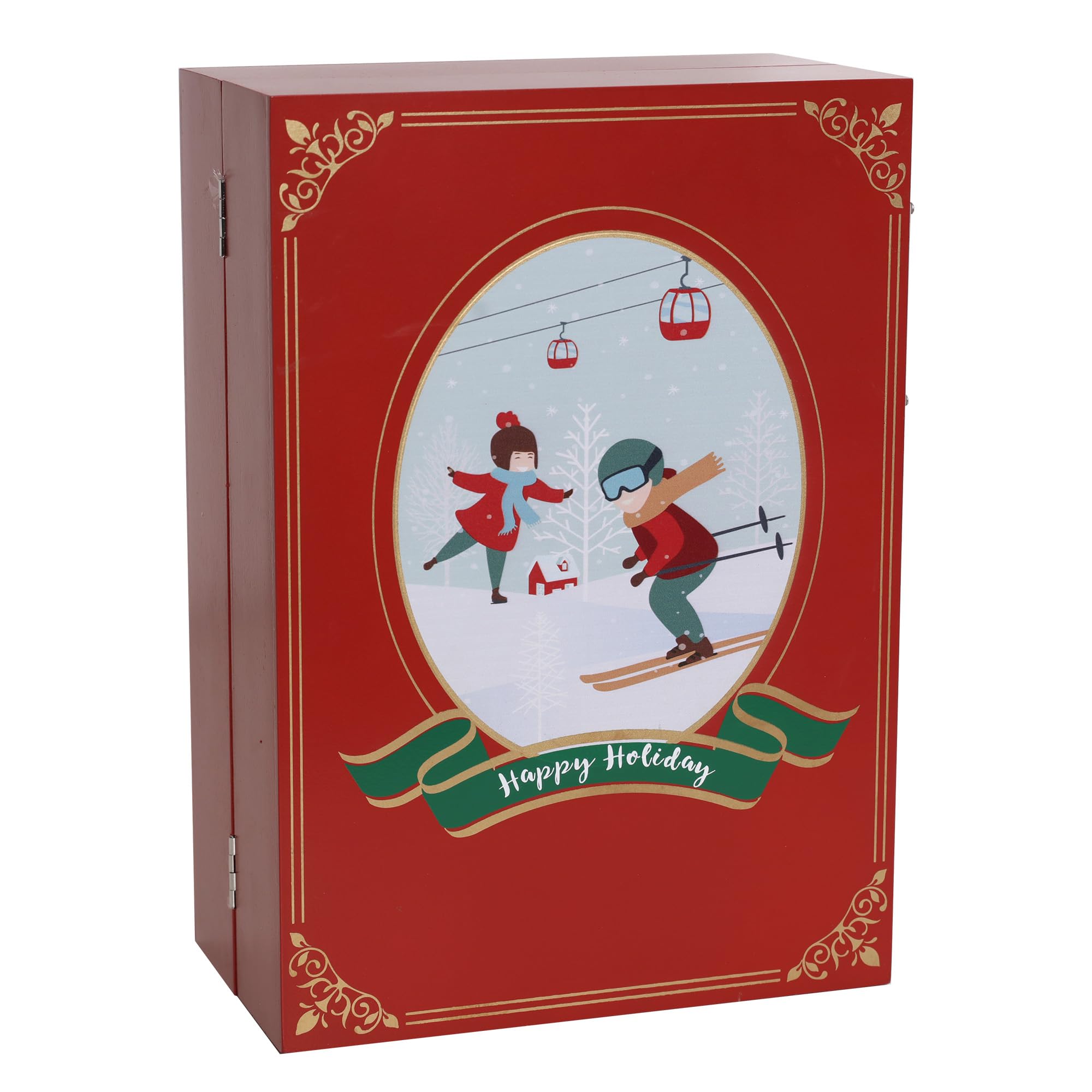 Weihnachts-Adventskalenderbuch aus Holz mit LED-Beleuchtung, rote Farbe, Weihnachts-Szenen, Countdown, Urlaubsgeschenke mit 24 Schubladen, für Erwachsene und Kinder, Heimdekoration