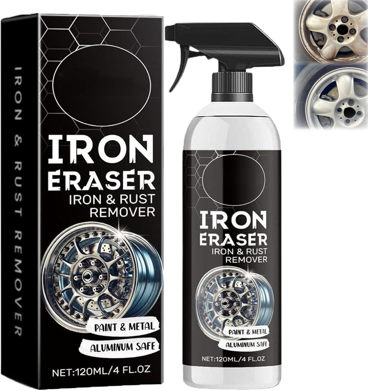 Iron Eraser Rust Remover Spray, 120ML Iron Powder Remover Spray for Car Wheels and Paint Fast Acting Rust and Brake Dust Removers for Wheels, Tools & Hardware, Automotive Care