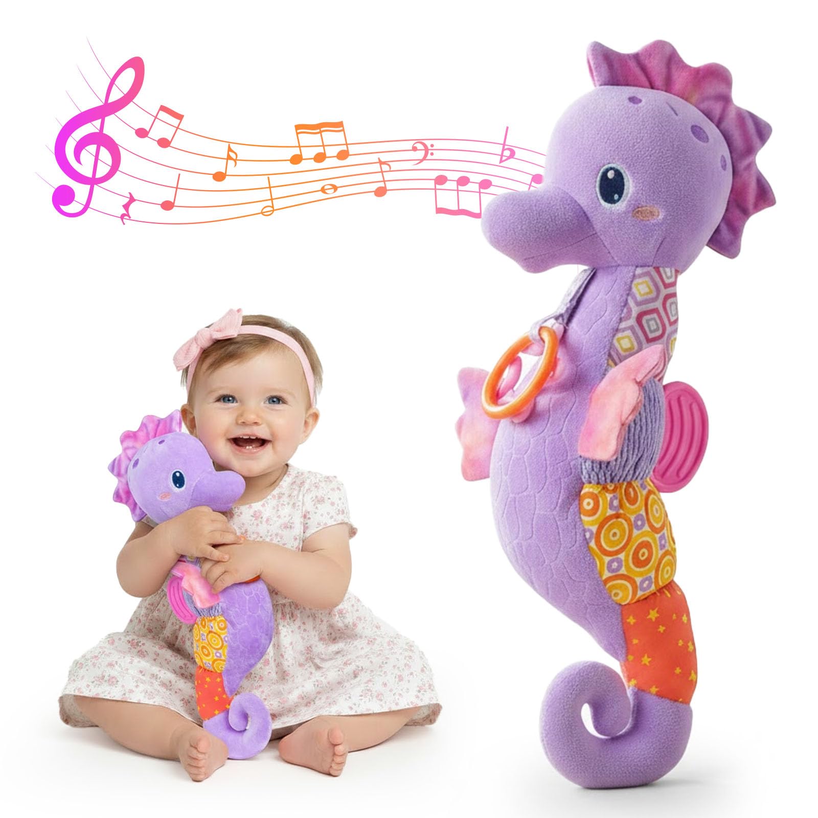 Baby Toys 0-6 Months,Infant Musical Seahorse Stuffed Animals Sensory Toys with Bright Colors,Multiple Textures,Rattles & Crinkle Sound Paper,Tummy
