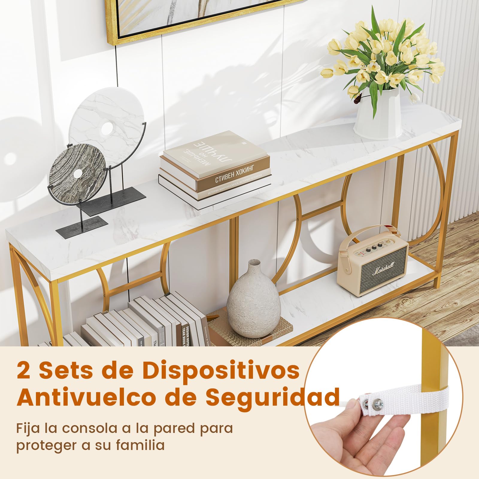 COSTWAY Mesa Consola de 2 Niveles con Superficie de Mármol Falso, Entrada Recibidor, Marco de Metal Resistente, Mesa Auxiliar Larga para Sofá, Mesa de Acento Moderna con Estante, 180 x 30 x 80 cm