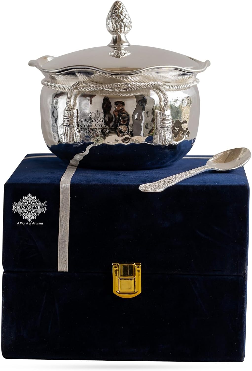 Indian Art Villa Silver-Plated Designer Bowl with Lid and Spoon Set – Elegant Giftware, Perfect for Weddings, Festivals, and Special Occasions