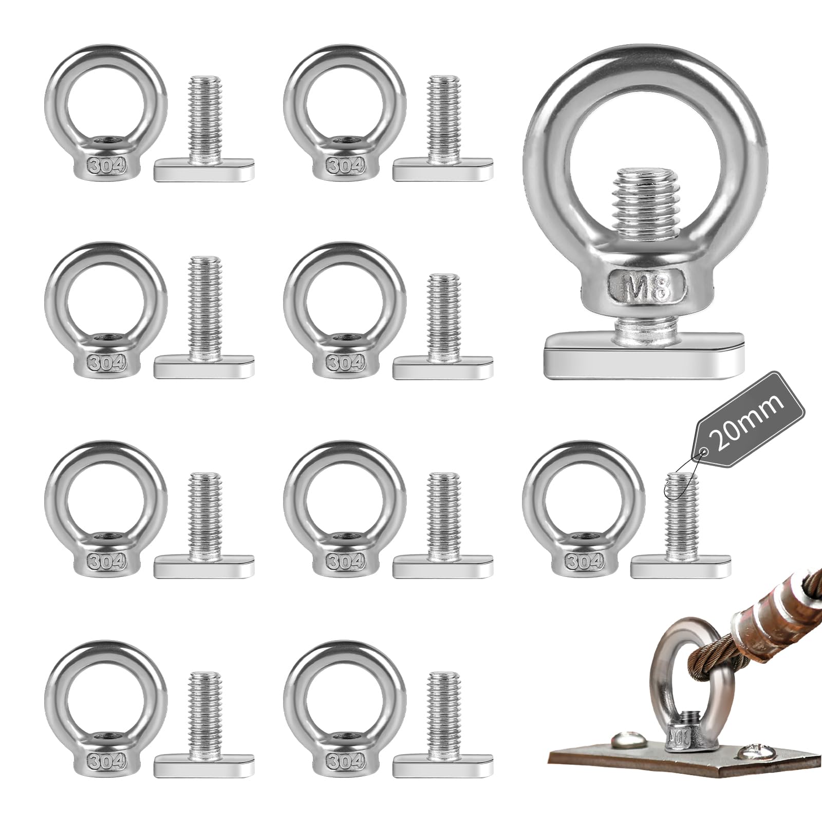 EXLECO Pack of 10 M8 Ring Nuts M8 x 20 mm Hammer Head Screws Stainless Steel Eye Bolts Eye Screw Eyelets Stainless Steel Eye Nut Plant Holder Lashing Eyelets for Trailers Greenhouse Cucumbers Trellis