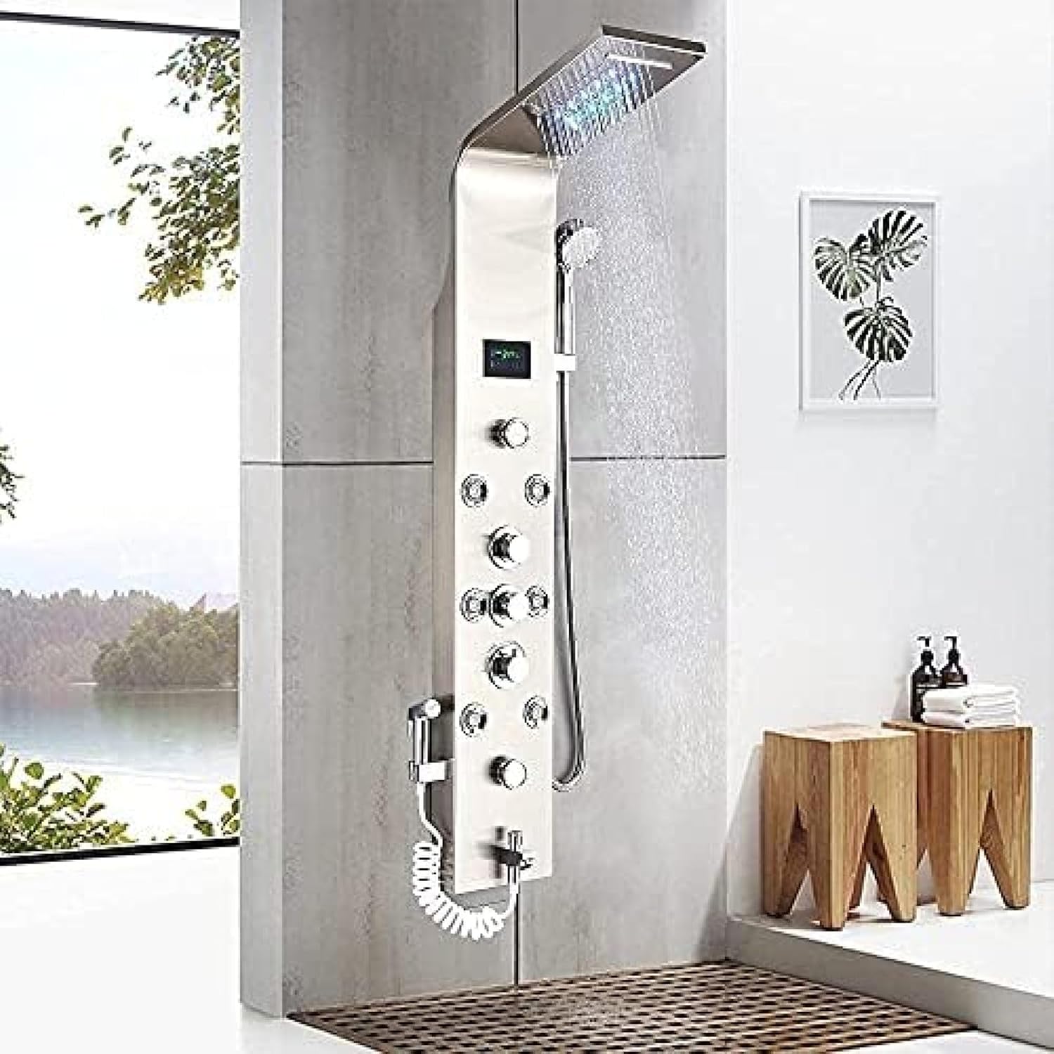 Brushed Nickel Shower Panel Tower Wall Mounted Tower Shower Tower Panel 6 Functions with 4 Massage Jets