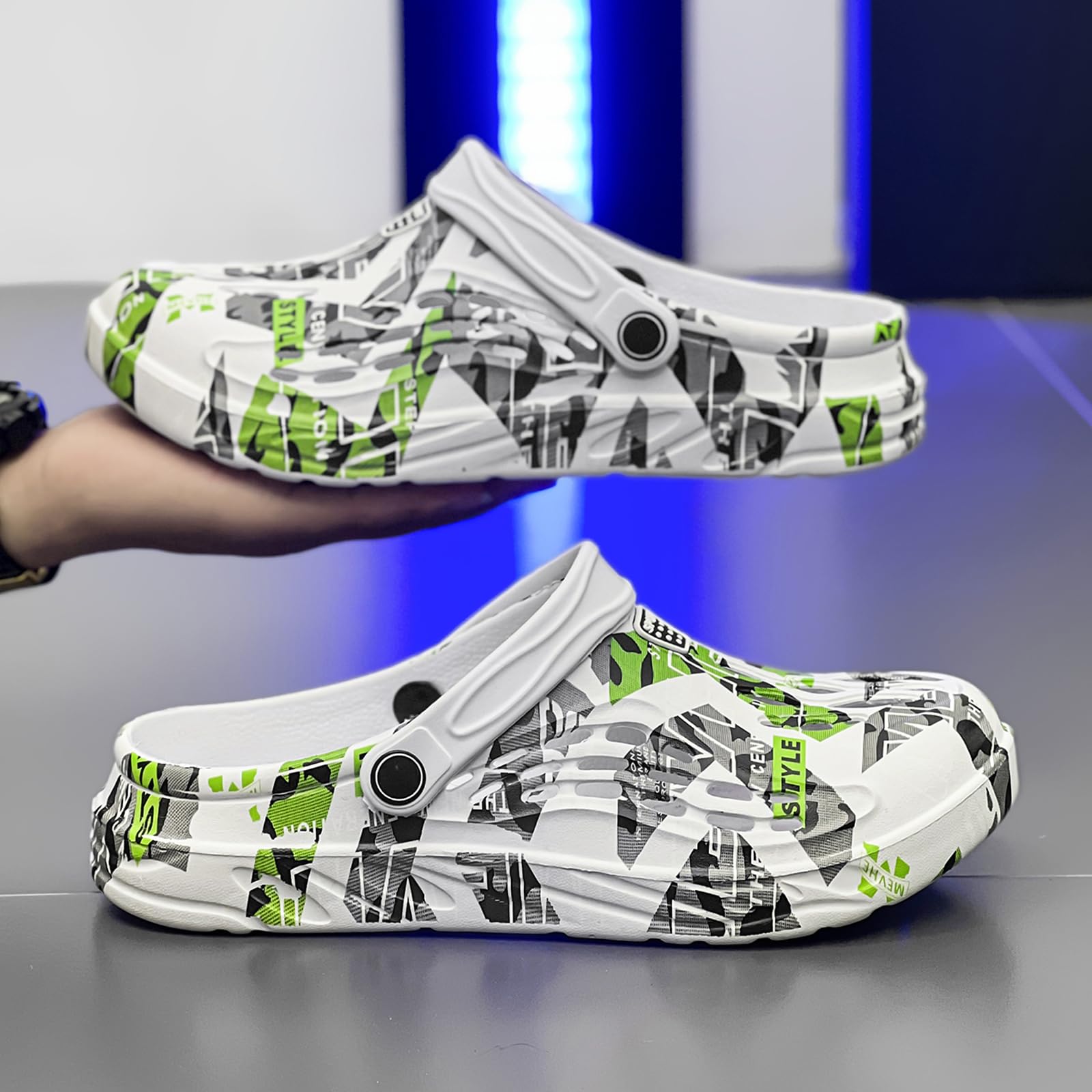 CYian Zuecos clásicos para hombre y mujer, ligeros, mullidos, sandalias de playa, zuecos de jardín, Verde, blanco, 7 Women/5 Men