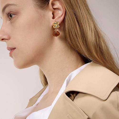 Miniatura 3 de Aretes colgantes de ámbar gruesos para mujer, aretes colgantes de resina ámbar vintage, joyería de oro grueso Regalos de joyería marrón de moda