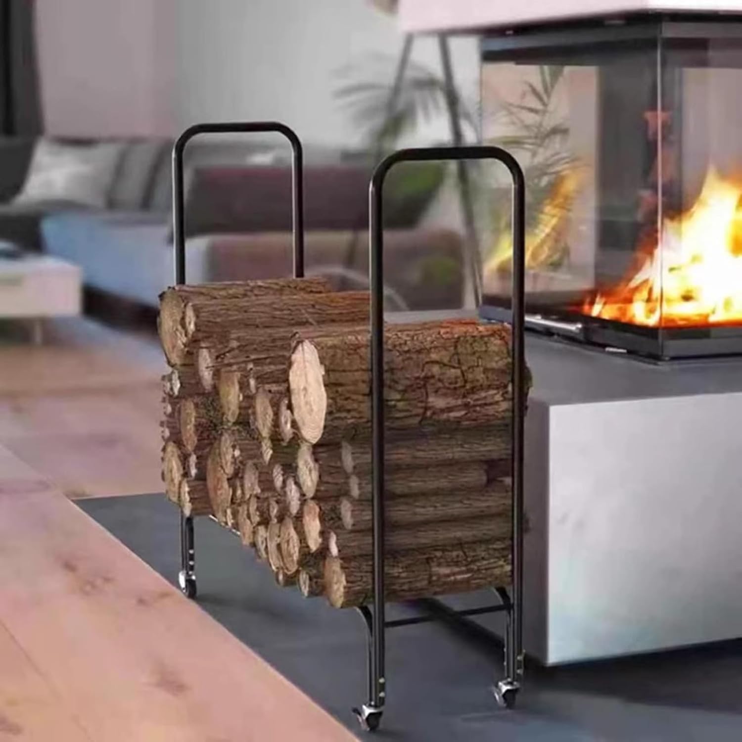Metal Log Carrier with Wheels, Fire Wood Holder for Indoor Outdoor Storage Log, Patio Deck Heavy Duty Wood Pile Stacking Rack, Easy to Install