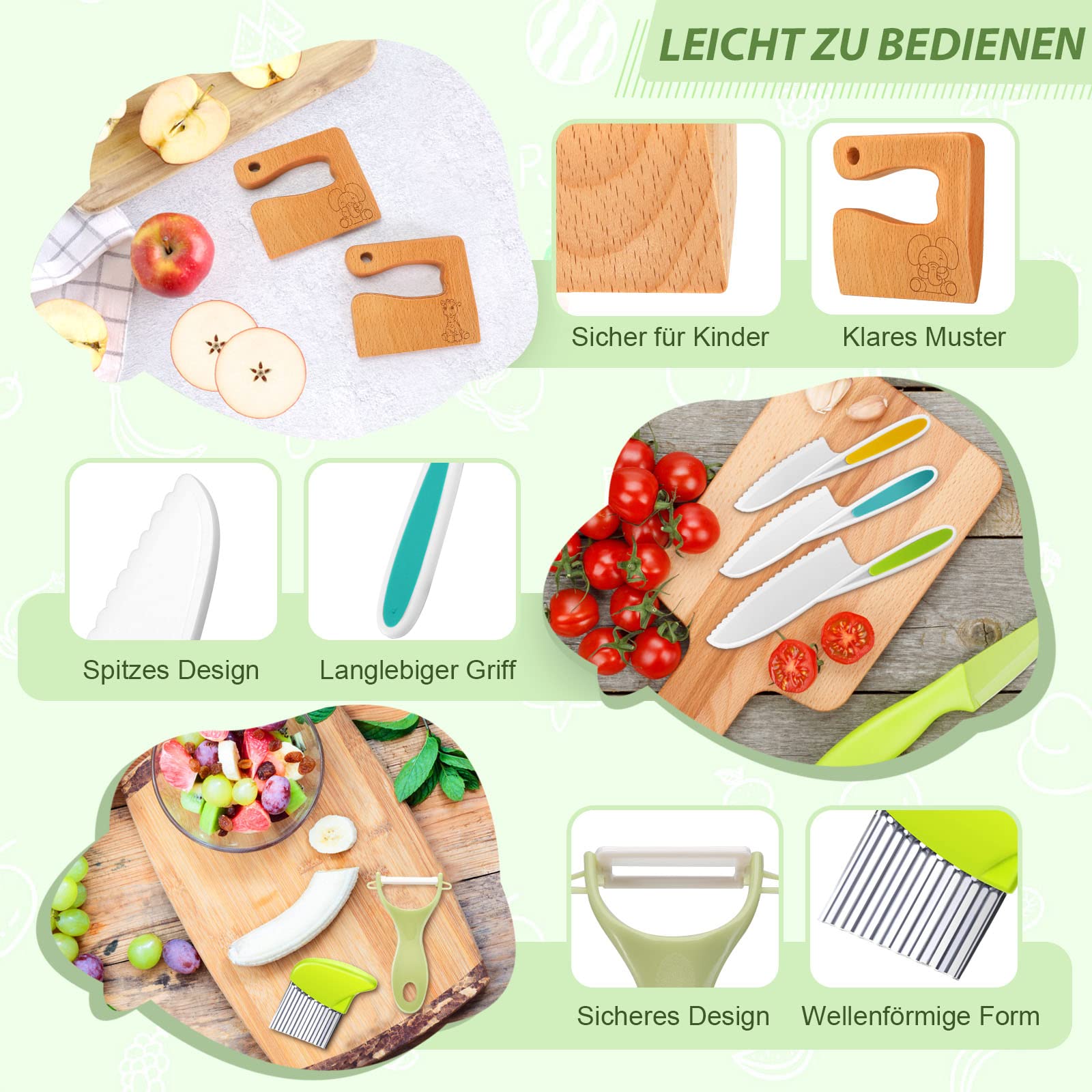 Cuchillo De Cocina De Madera De Haya Para Niños – Set Educativo Para Cortar Frutas Y Verduras, Juguete De Rol De 12.5 Cm Para Desarrollar Habilidades Motoras