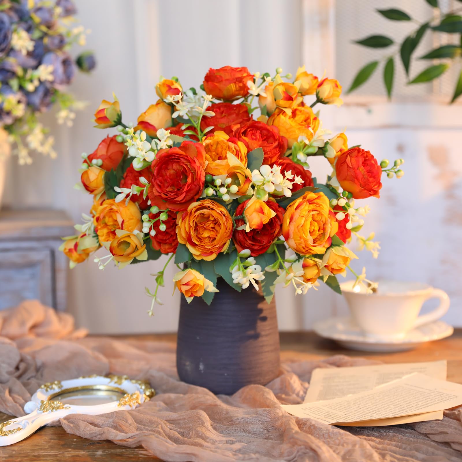 Hollyone Mazzo Di Fiori Finti Arancione Scuro Con Rose, Ortensie E Peonie In Vaso - Decorazione Casa Elegante Che Non Sfiorisce Mai - 6