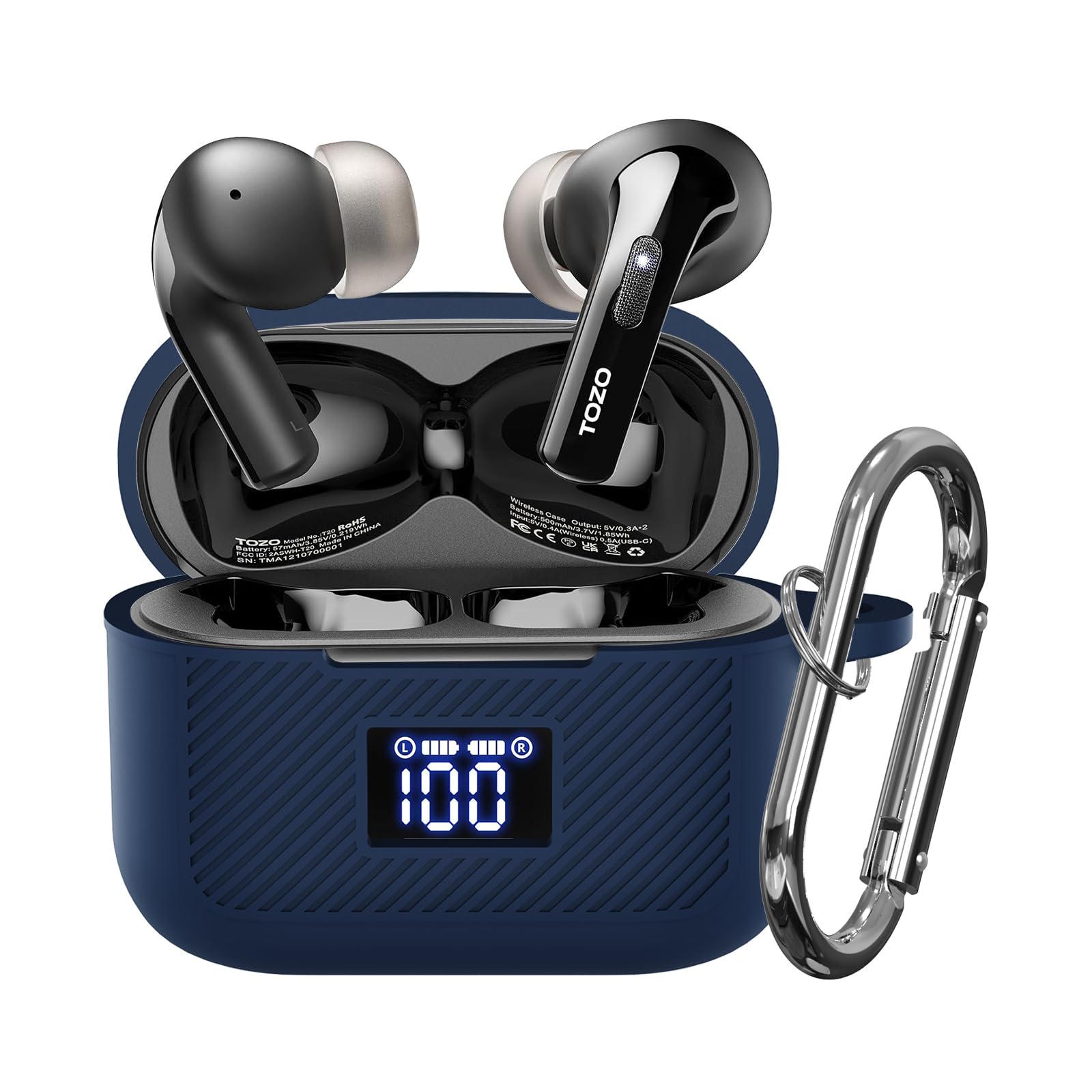 for TOZO T20/T21 Case Cover, Soft Silicone Protective Earbuds Case Front LED Visible, Compatible with TOZO T20/Tonal Fits T21, Headphones Case with Carabiner Accessories Set(Dark Blue)